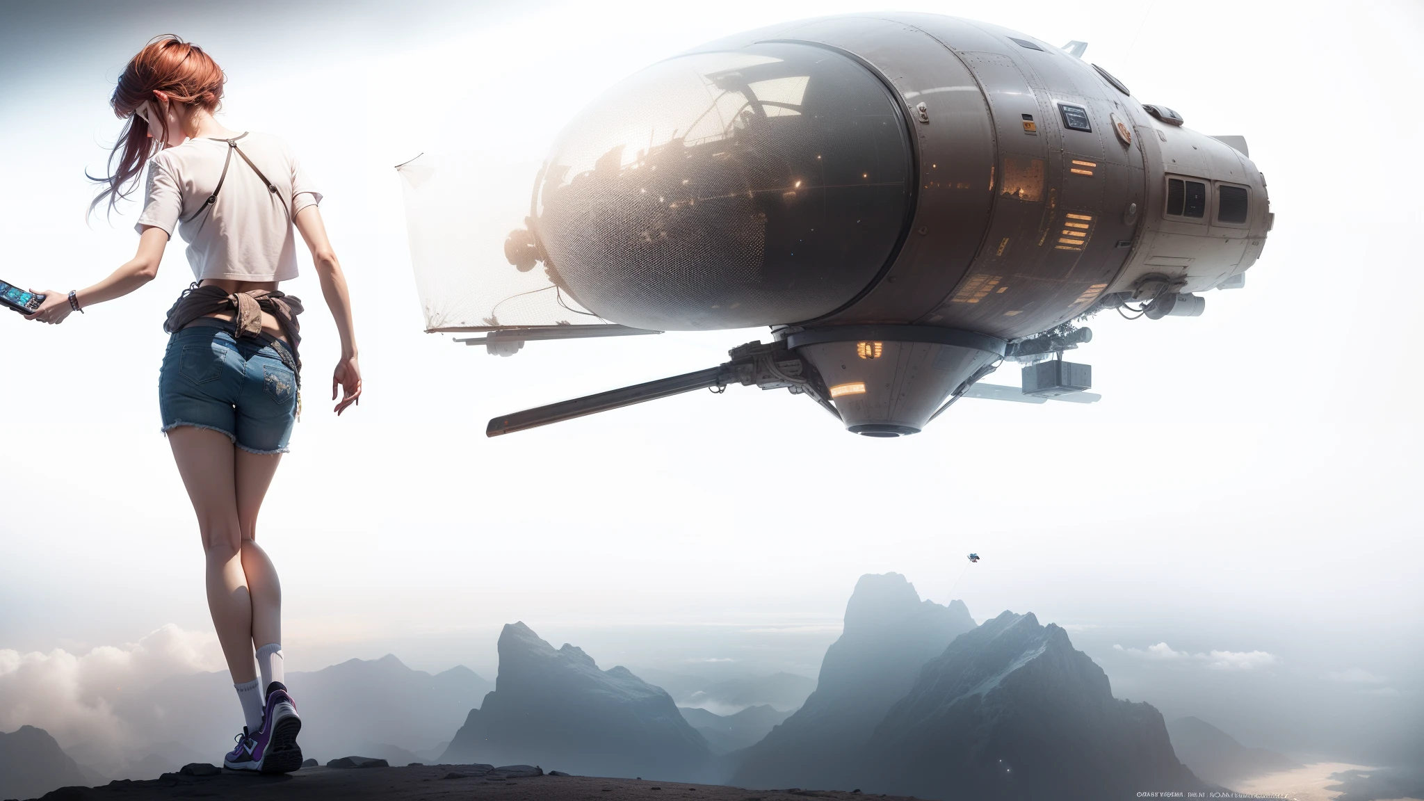 One beautiful and board girl enjoying at rest in a 30 meter space pod , perfect long slim legs, no light glare, wearing shorts up to her waist, perfect anatomy, profile medium shot, inside an escape pod, short pixie cut brown-red hair, Caucasian, holding a game controller, one leg and socked foot propped up against the main view controller, in a very large spaceship escape pod of 30 meters in diameter, she is wearing casual space appropriate clothing, shorts pulled up to waist, mini gym shorts, a printed tee shirt that reads "Hardly Working", and comfy oversized socks, there is a faint blue Saturn-like planet in the evening sky, all the stars are out in the purple orange alien sky, wind chimes, dried seed pods, dry flowers hang from the ceiling, photorealism, hyperdetailed, in the sci-fi style of James Campbell
