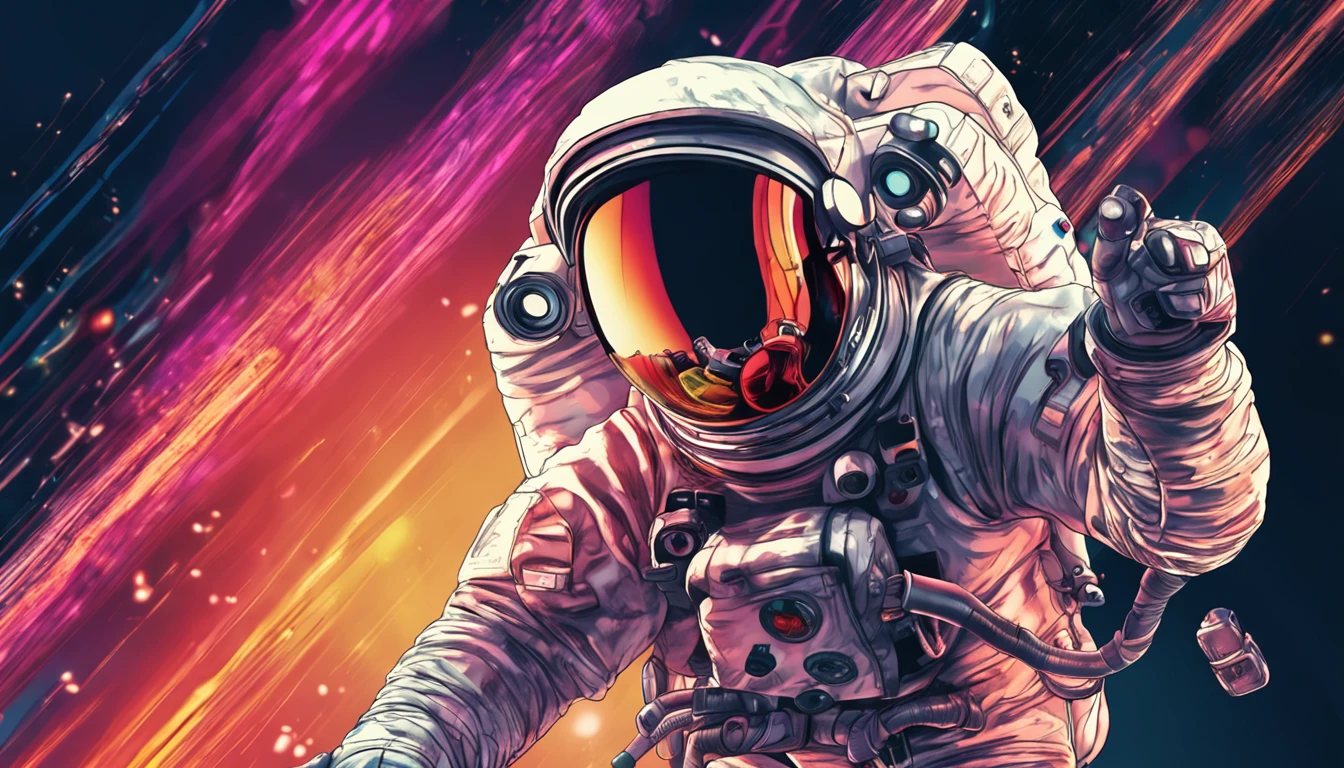 very details astronaut, lost in galaxy background, Tshirt design, streetwear design, solid colors, bright colors, 8k rendering, flying in space, neon lights, milky way, glowing moon<lora:xl_more_art-full_v1:0.5>
