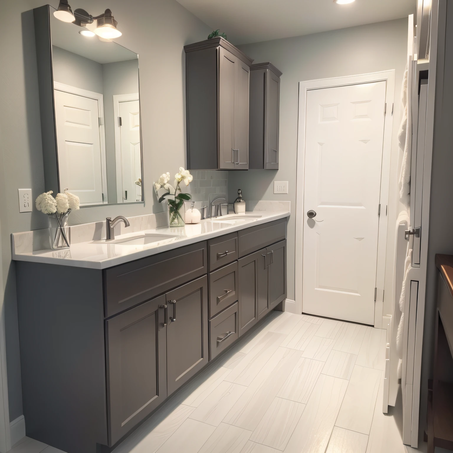 grey cabinets bathroom with Wall and Flooring