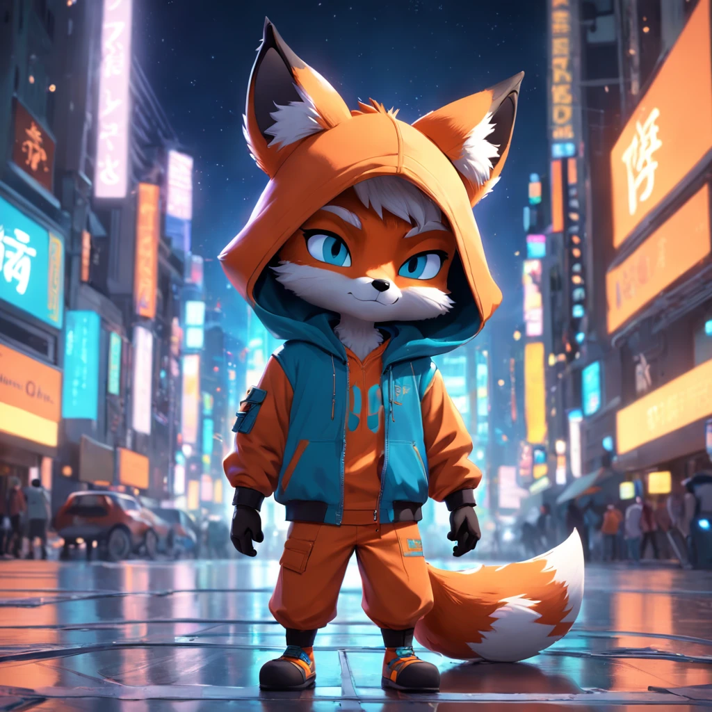 Adorable fox in Pixar movie style, wearing a hood, cinematic lighting, depth sensing, hyper detailed, 8k quality. One hand crossed the hundred,male upper body, best quality, human-like body figure), looking at viewer in orange hoodie and sunglasses, holding mobile phone with headset with neon, fox, avatar image, with outfit futuristic, CGSetnation ),like , professional art, CGsociety - W 1 0 2 4 - N 8 - I,Name is Kan, his name is Kan