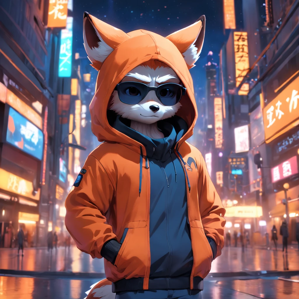 Adorable fox in Pixar movie style, wearing a hood, cinematic lighting, depth sensing, hyper detailed, 8k quality. One hand crossed the hundred，male upper body, best quality, human-like body figure), looking at viewer in orange hoodie and sunglasses, holding mobile phone with headset with neon, fox, avatar image, with outfit futuristic, CGSetnation ),like , professional art, CGsociety - W 1 0 2 4 - N 8 - I,Name is Kan, his name is Kan