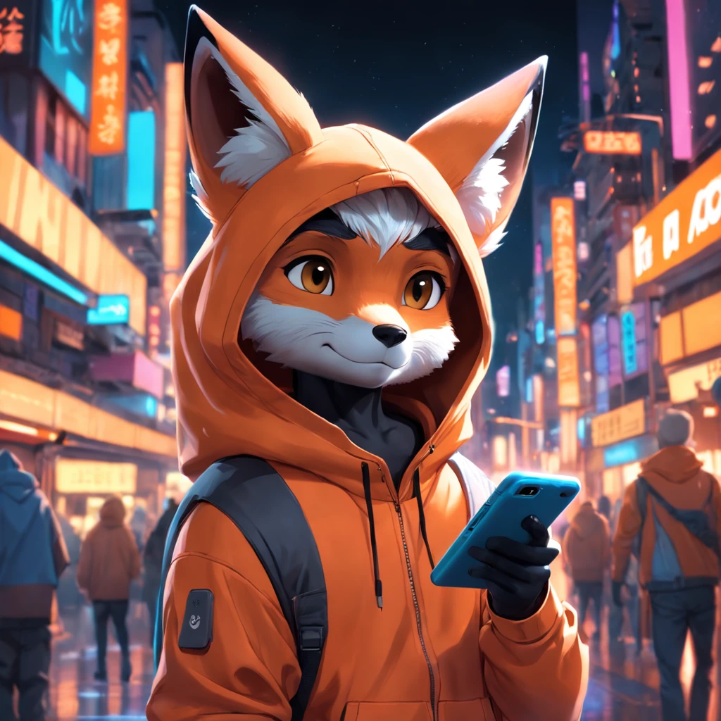Adorable fox in Pixar movie style, wearing a hood, cinematic lighting, depth sensing, hyper detailed, 8k quality. One hand crossed the hundred,male upper body, best quality, human-like body figure), looking at viewer in orange hoodie and sunglasses, holding mobile phone with headset with neon, fox, avatar image, with outfit futuristic, CGSetnation ),like , professional art, CGsociety - W 1 0 2 4 - N 8 - I,Name is Kan, his name is Kan