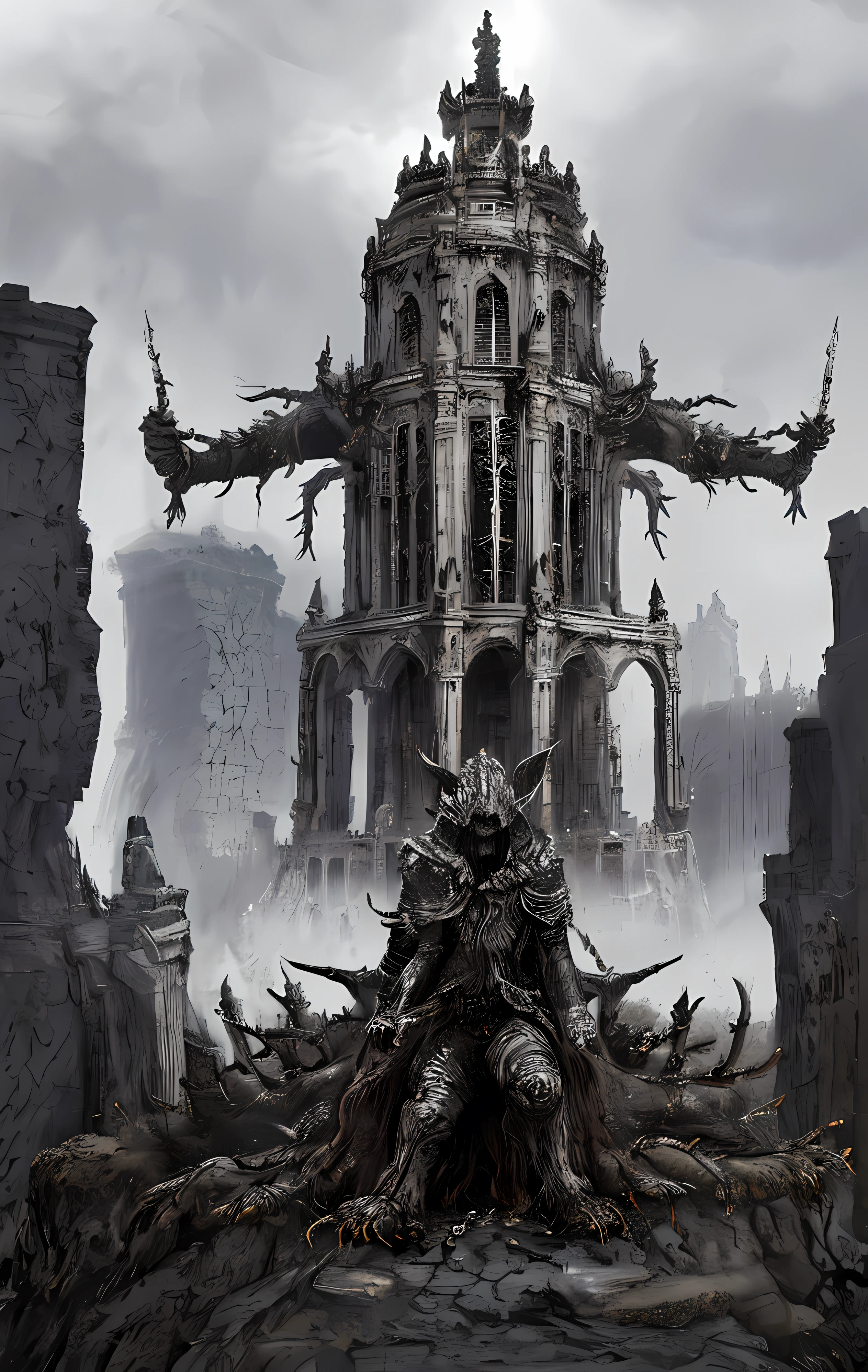 dark fantasy castle, demon castle, elden ring,extremly scary,masterpiece,Giant phobia:1,background:1.2,building:1.5,no human:1.2, road of the rings,