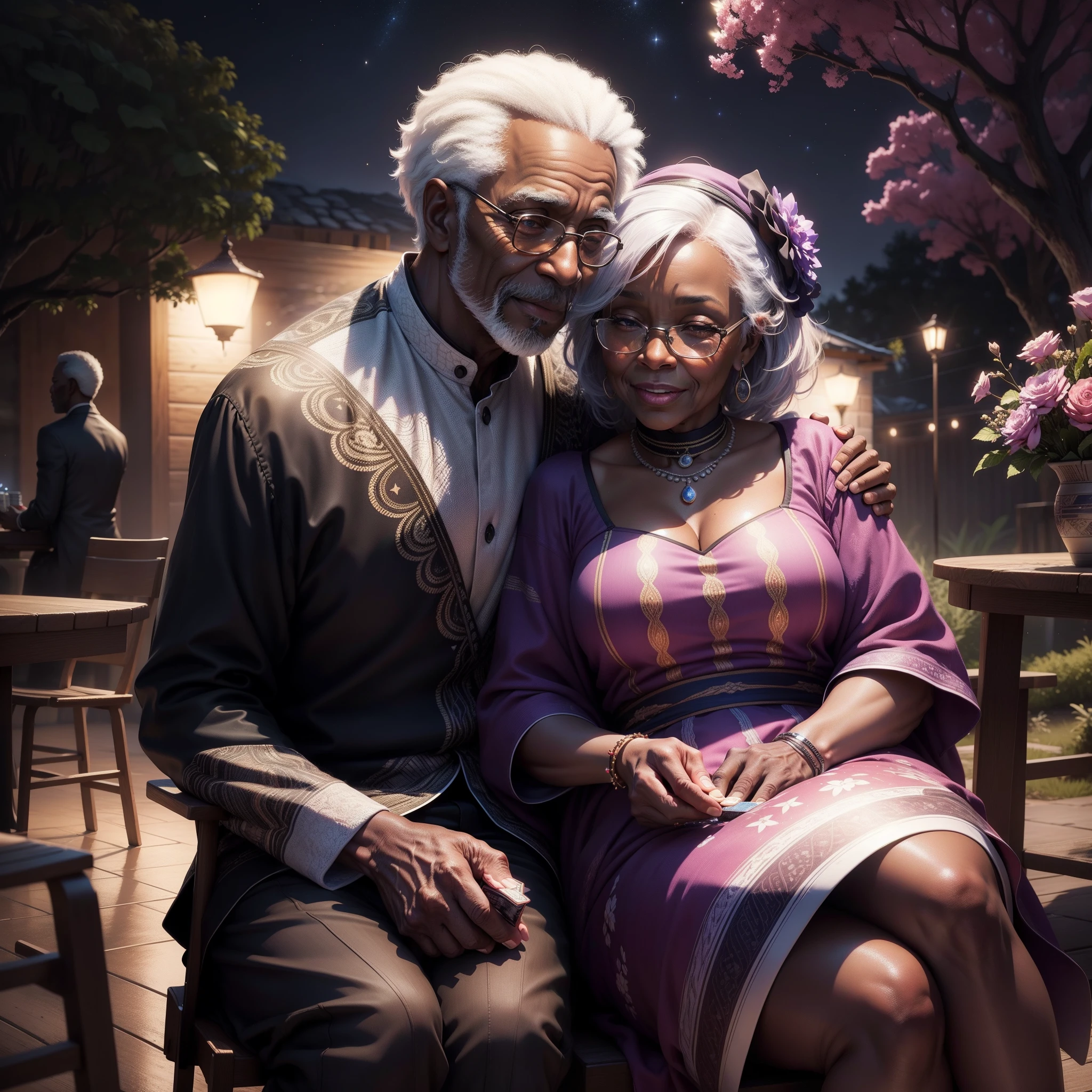 An elderly happy couple of a black woman and elderly black man both dressed in African design clothes, playing cards while sitting on chairs on top of a wet reflective ground surface, ground surface reflecting the night sky full of stars and the moon, scene full of glowing flower petals, trees with sparkling branches, beautiful night scene, with iridescent light, highly detailed images, vibrant beautiful colours, photorealistic image, 8k, ultra HD, unreal engine rendered, cinematic lighting, artgerm style,