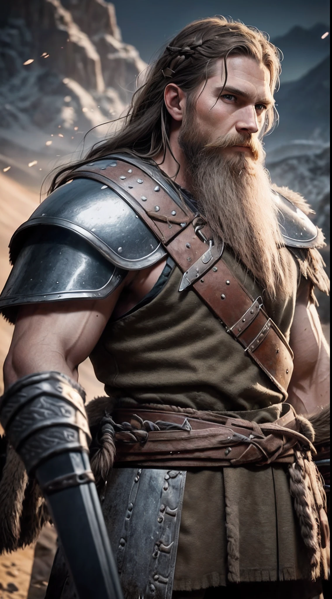 photograph of a viking warrior with dirt in his face, broad shoulders, armor, heroic, beard, pronounced cheekbones, cloudy, masterpiece, best quality, high quality, 4K, trending, hard ring light, 50mm