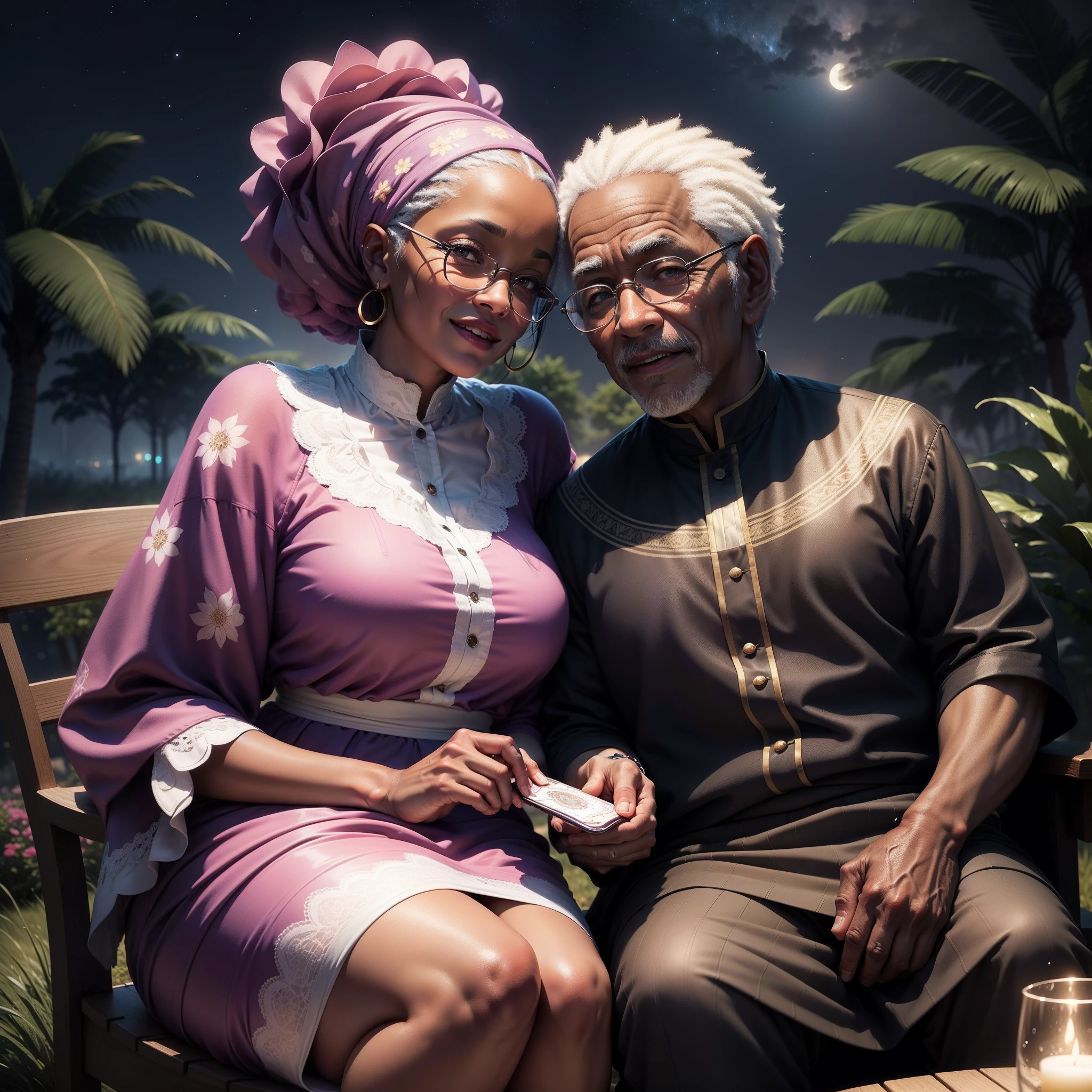 An elderly happy couple of a black woman and elderly black man both dressed in African design clothes, playing cards while sitting on chairs on top of a wet reflective ground surface, ground surface reflecting the night sky full of stars and the moon, scene full of glowing flower petals, trees with sparkling branches, beautiful night scene, with iridescent light, highly detailed images, vibrant beautiful colours, photorealistic image, 8k, ultra HD, unreal engine rendered, cinematic lighting, artgerm style,
