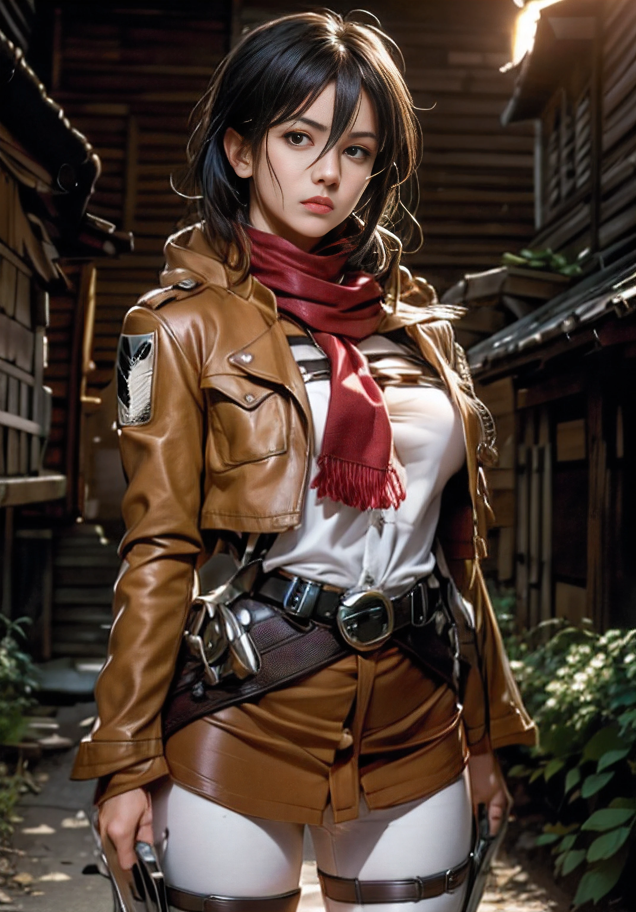 Imagem de Mikasa Ackeman de ((corpo inteiro)), with a red scarf and a brown jacket posing, from attack on titan, gama murata e artgerm, Artgerm extremamente detalhado, menina anime sedutora, Estilo Artgerm, mulher bonita sedutora, (1girl em)、(realisitic)、( fotorrealista:1.5)、Batomornsardas、cabelos pretos, 8k UHD、(filmgrain) extremamente delicado e bonito、8k, alta qualidade、alta resolução, ju、ighly detalhado、((Durante a noite))、(brilho da luz da lua) 、belos olhos detalhados、 olhos e rosto extremamente detalhados、obra prima、(lighting like a movie)、(pele de alto detalhe:1.2)、8k UHD、Digital SLR、a strong illumination of fire、alta qualidade、filmgrain、obra prima, qualidade superior, alta qualidade, alta resolução, ((muito nitido)), Photo taken with long-range professional camera, alta qualidade, preservar face, sensual, (NSFW: 1.5),(pussy),