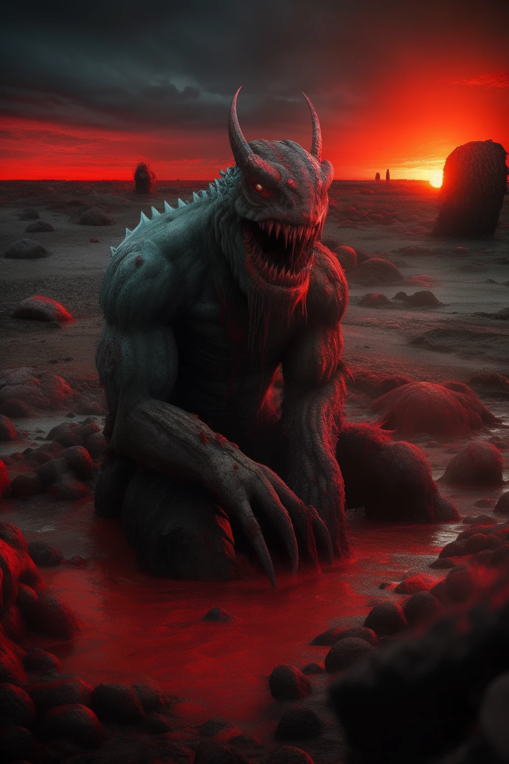 There is a mutated monster in the rapidly polluting waters,MuCoi,nausea,Unknown creatures,Armageddon,Wasteland,The end of the world,blood red colored sky,8K,