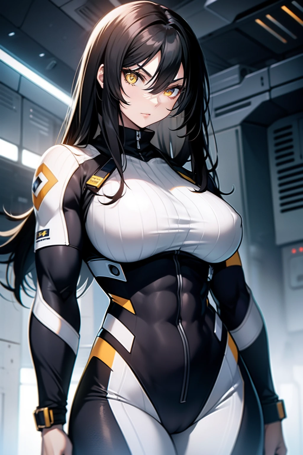 1 girl, black hair, yellow eyes, very long hair, pale skin, ((((extremely muscular)))), large breasts, (confident expression), pilot suit, curvy