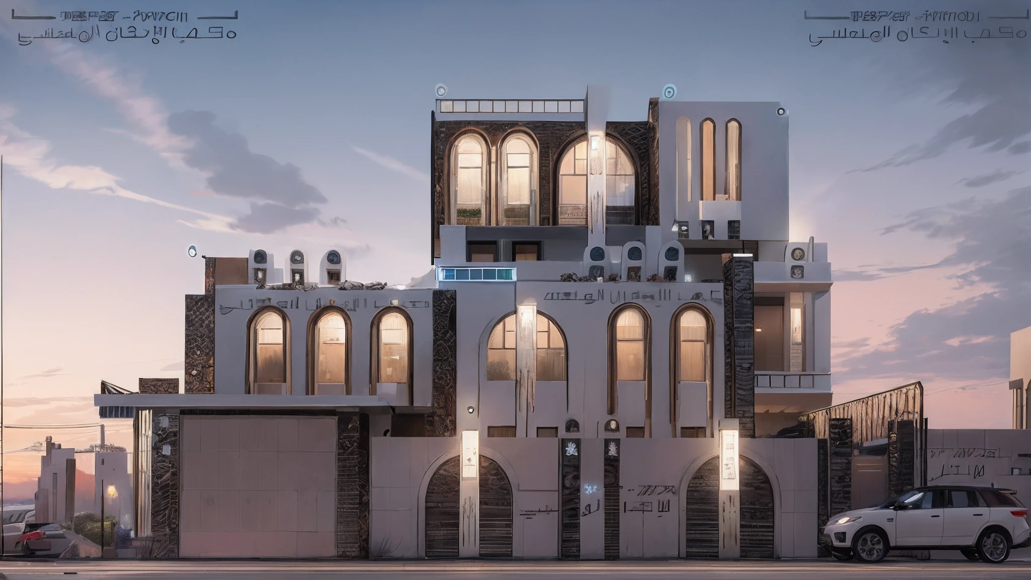 I want an external view for a modern Villa in Sana'Ani style