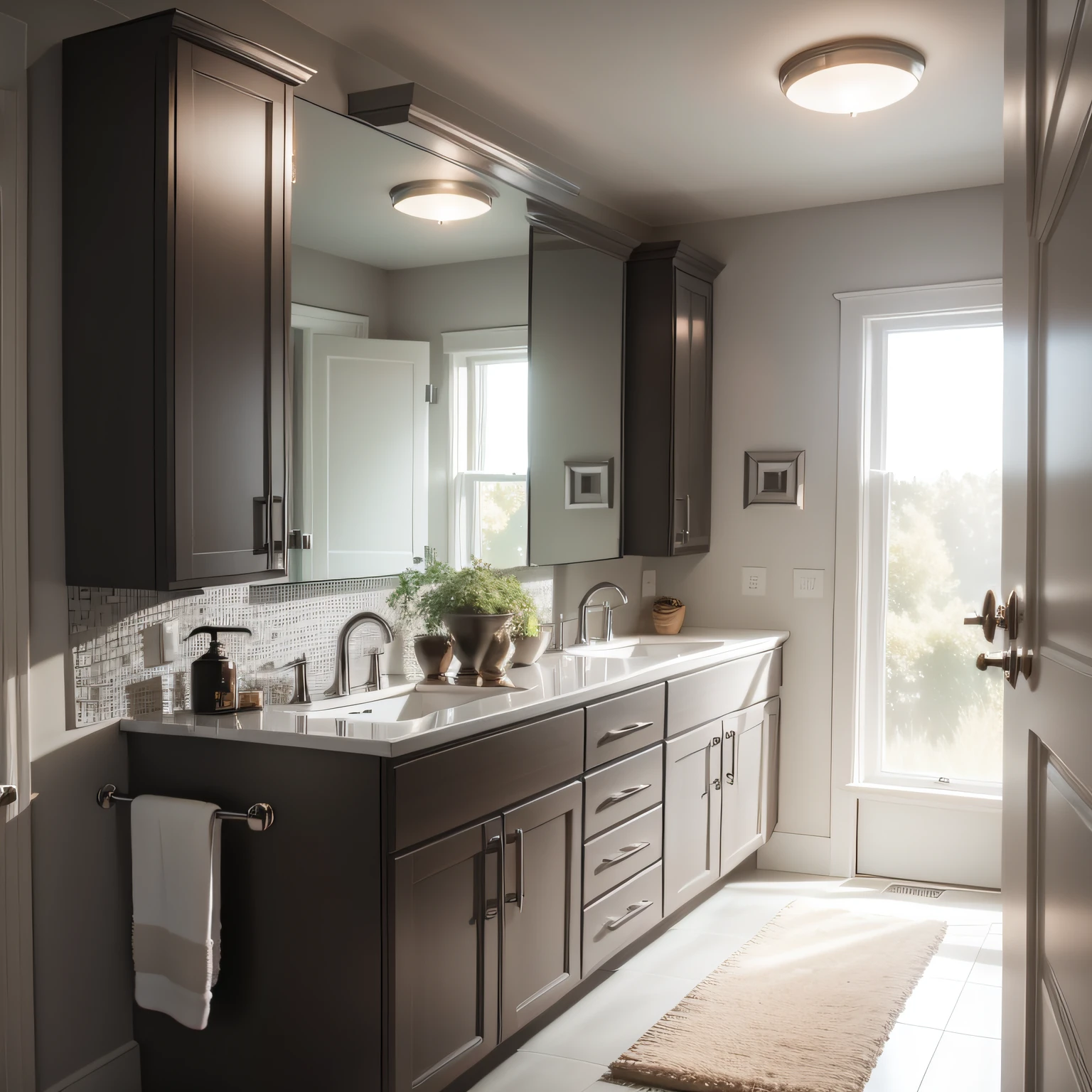 grey cabinets bathroom with Lighting and Ventilation