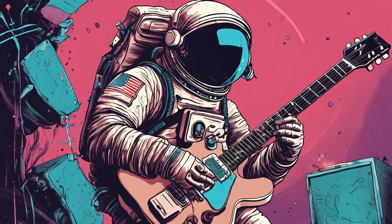 (Detailed description) Astronaut in sunglasses playing an electric guitar of model Les Paul