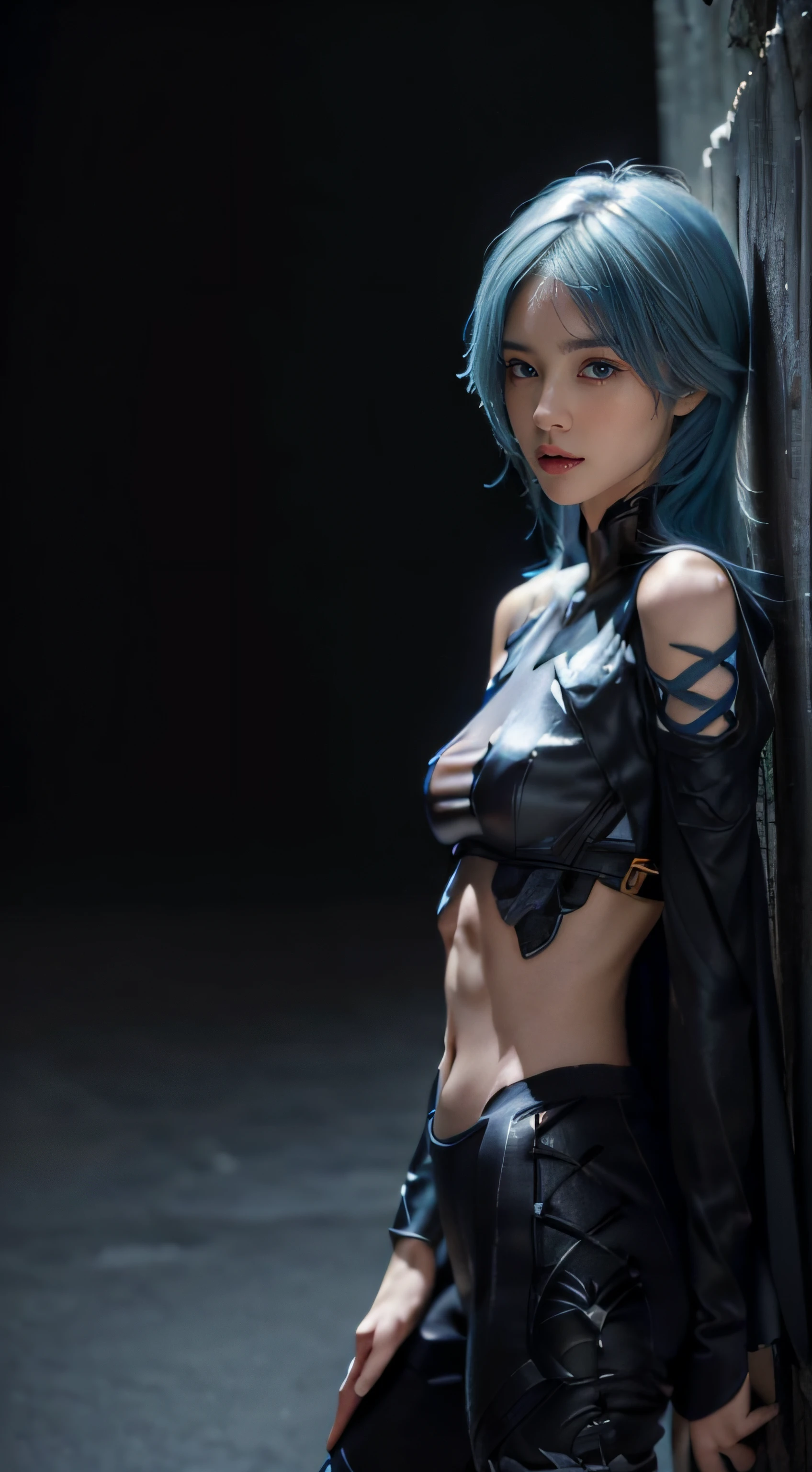 8K, Top Quality, Intricate Details, Ultra Detail, Ultra High Resolution, Masterpiece, random angle, Slender, Smile, (Makeup: 0.4), (Fluffy Blue Eyes: 1.21), blue Eyes, looking at viewer, ((full body)), 1girl, solo, 1 girl, (( full body)), close up shot, , ((tall)), (((fit body))), (((slim face))), sharp face, sharp eyes, (((sky blue hair, long hair, bangs )) , (detailed face), sharp face, small lips,
(( )), ((transparent one side cape)), detailed face, detailed breast, , large breast, detail ass, , Beautiful girl with accentuated slender abs: 1.4, Six Pack Abs: 1.4, Bust Botox, Big, Perfect Body, detail leg, (( moonlight)), in the snow