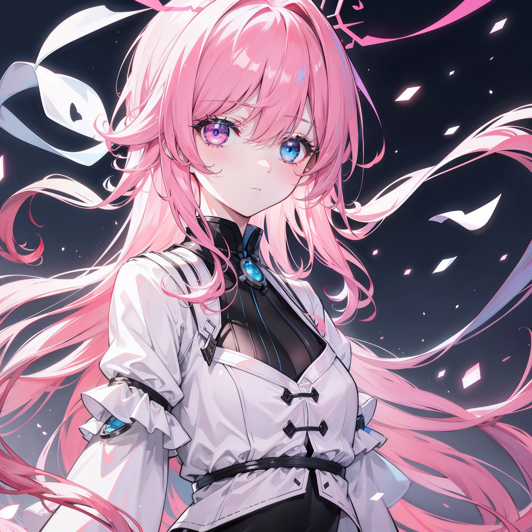 {{masterpiece}}，Best quality at best，Very detailed CG unity 8k wallpaper，电影灯光，lens flare glow，beatiful detailed eyes，black in color，side looking，Pink-white is the predominantly multi-colored hair，Colorful light，particulate，Heterochromia，（a color：1.5），（The color hair:1.5),