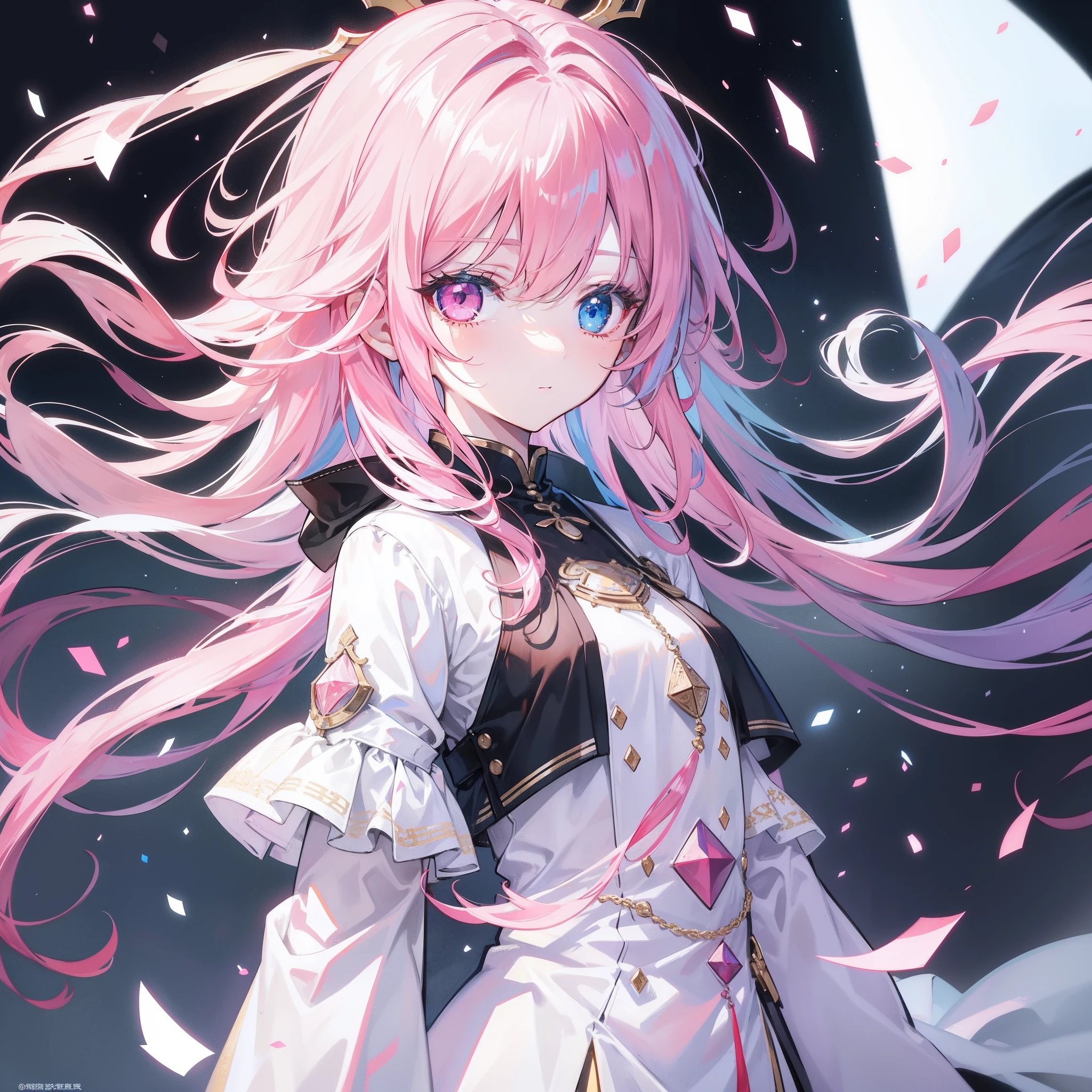 {{masterpiece}}，Best quality at best，Very detailed CG unity 8k wallpaper，电影灯光，lens flare glow，beatiful detailed eyes，black in color，side looking，Pink-white is the predominantly multi-colored hair，Colorful light，particulate，Heterochromia，（a color：1.5），（The color hair:1.5),