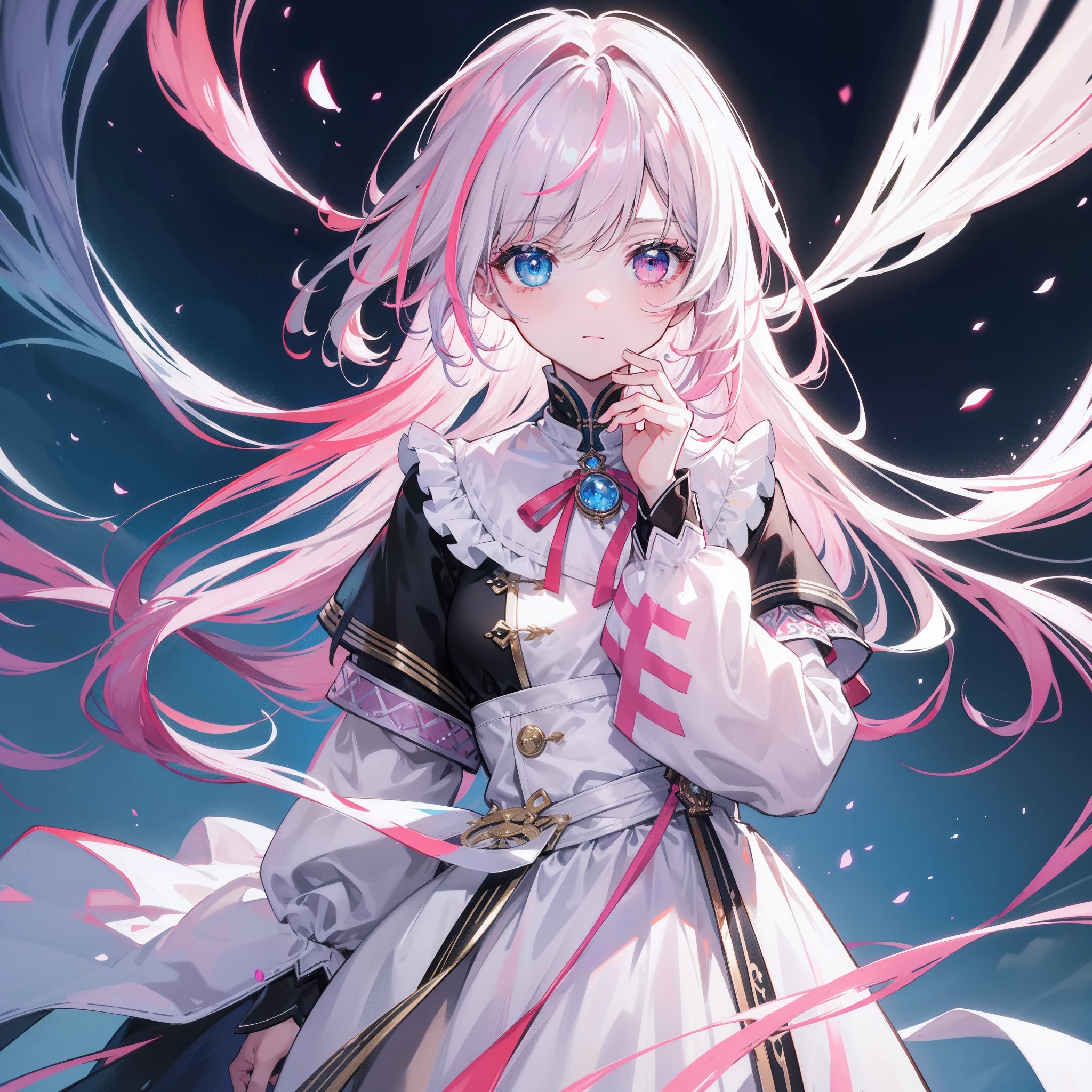 {{masterpiece}},Best quality at best,Very detailed CG unity 8k wallpaper,电影灯光,lens flare glow,beatiful detailed eyes,black in color,side looking,Pink-white is the predominantly multi-colored hair,Colorful light,particulate,Heterochromia,(a color:1.5),(The color hair:1.5),