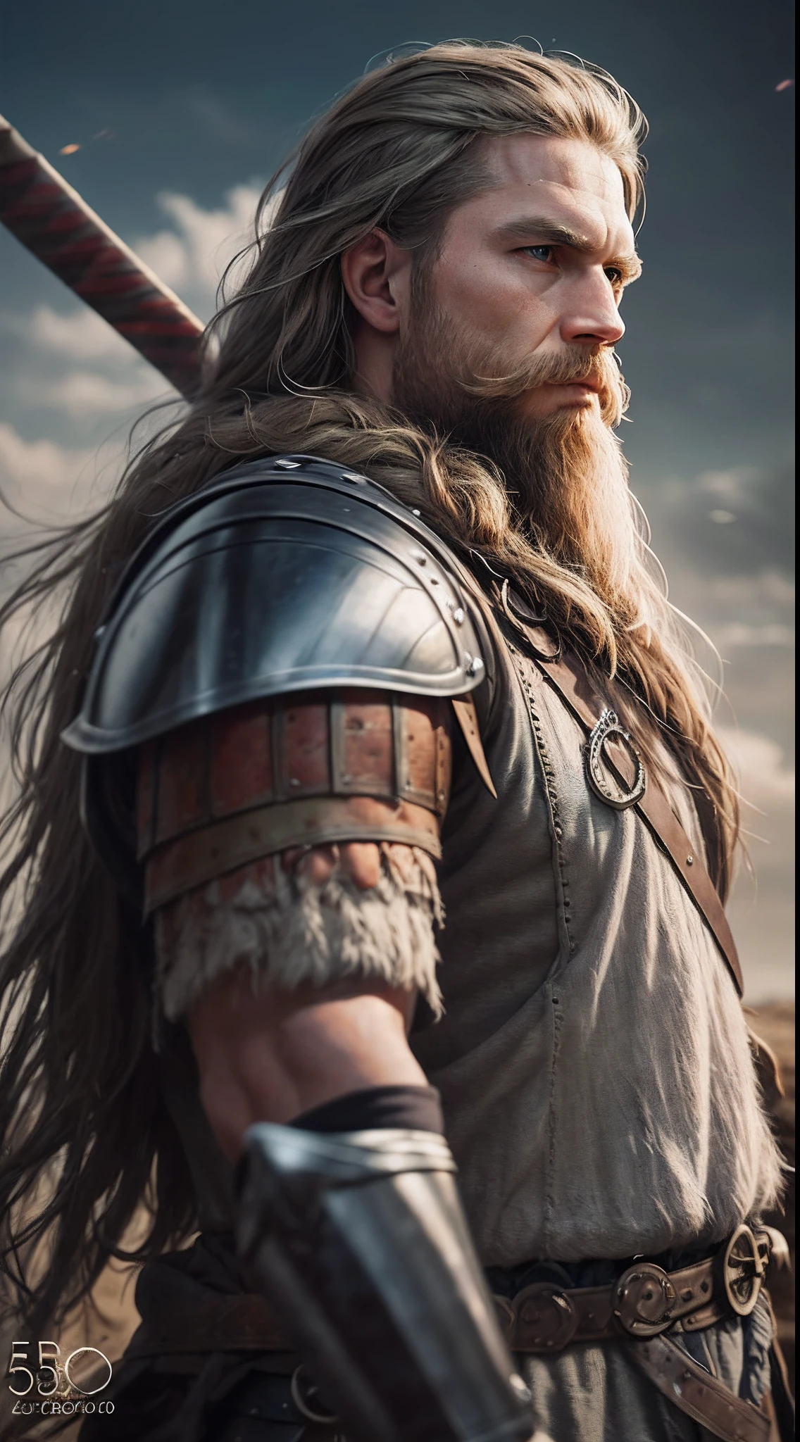 photograph  of a viking warrior with dirt in his face, broad shoulders, armor, heroic, beard, pronounced cheekbones, cloudy, masterpiece, best quality, high quality, 4K, trending, hard ring light, 50mm
