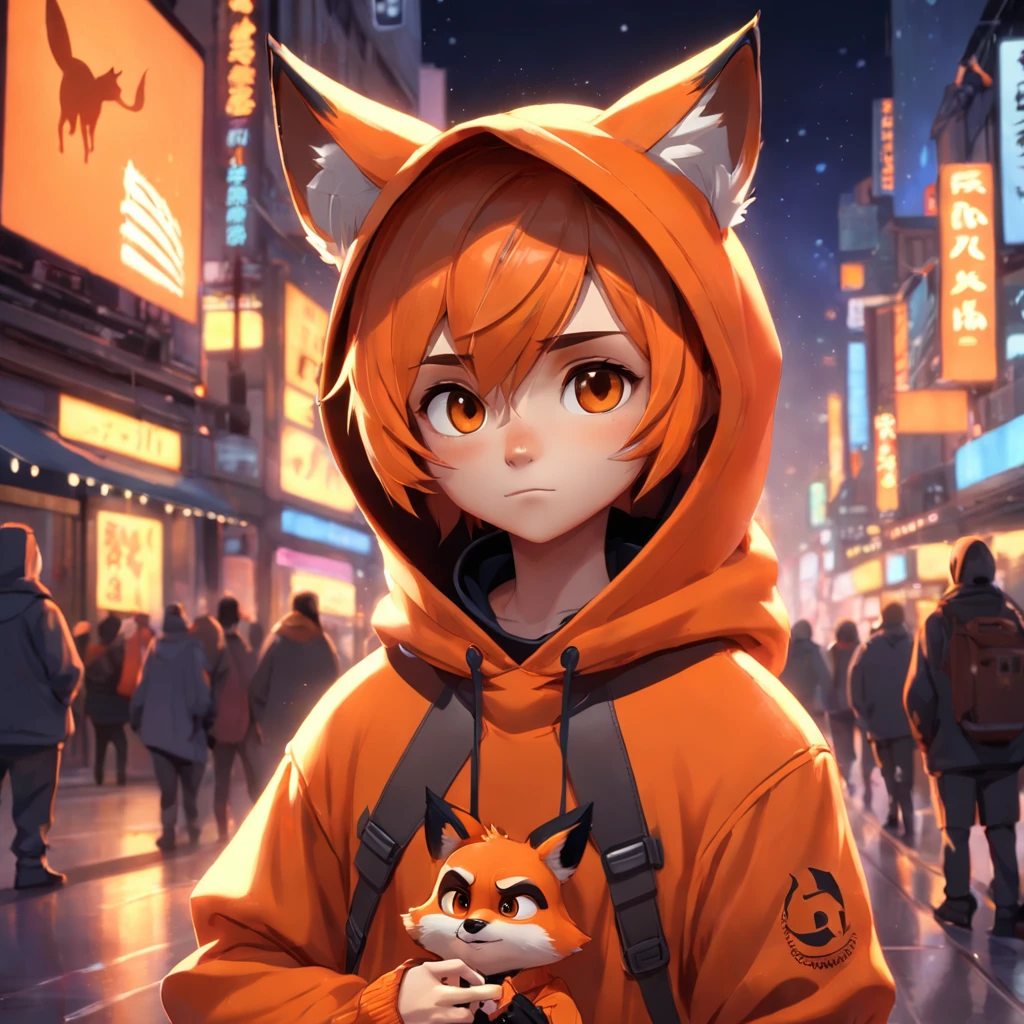 Pixar movie-style 20s adorable fox, wearing a hood, cinematic lighting, depth sensing, hyper detailed, 8k quality. One hand crossed the hundred，male upper body, best quality, human-like body figure), looking at viewer in dark orange sweatshirt and sunglasses holding mobile phone, with headset with neon, fox, avatar image, with futuristic clothing, CGSetnation ),like , professional art, CGsociety - W 1 0 2 4 - N 8 - I,The name is Kan, his name is Kan