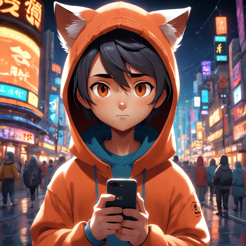 Pixar movie-style 20s adorable fox, wearing a hood, cinematic lighting, depth sensing, hyper detailed, 8k quality. One hand crossed the hundred，male upper body, best quality, human-like body figure), looking at viewer in dark orange sweatshirt and sunglasses holding mobile phone, with headset with neon, fox, avatar image, with futuristic clothing, CGSetnation ),like , professional art, CGsociety - W 1 0 2 4 - N 8 - I,The name is Kan, his name is Kan