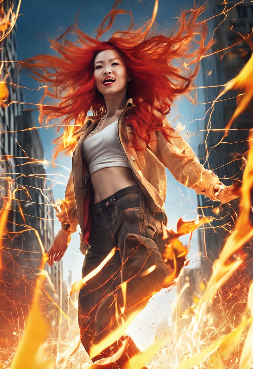 portraiture, Broken glass effect, Vivid yellow flame, Ethereal sparks, Mesmerizing colors, ((Beautiful white-skinned Japanese woman, Clear face))，Oval face shape，big laughter, Flowing fiery red hair, Dynamic aerial pose, Broken environment, Urban chaos background, cinematic backlighting, Strong contrast, postapocalyptic vibes, 85mm prime lens, Canon EOS R6, Wide aperture, HDR enhancement, 4K 分辨率, Visual storytelling, Emotional intensity, The phoenix appears.(Realistic flamethrower，What smoke)，Raging Thunderbolt，
