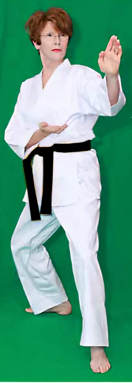 elderly woman in a white kimono doing karate, karate outfit, wearing a white gi, white belt, karate, karate pose, white uniform, karate kick, martial art pose, martial arts, inspired by Gatōken Shunshi, kim jung gi style, fighting posture, fighting stance, belts & velcro galore, full body close-up shot, obi strip