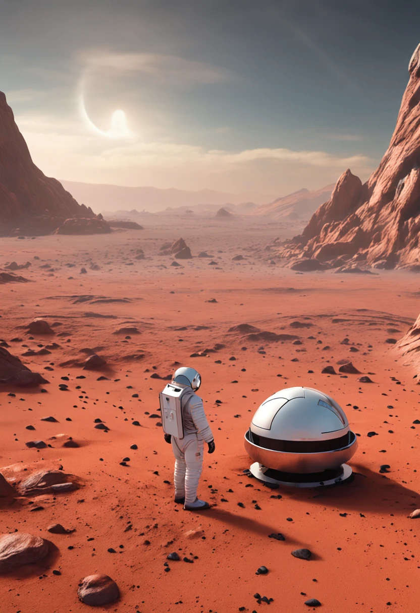 A photo realistic rendering of a human colony on Mars. A lone astronaut in a white space suit stands on the surface of Mars, red dust and rocks under their feet. They look up at a futuristic habitat dome with sleek architecture half buried in the martian soil. More domes and infrastructure extend across the horizon. Earth visible in the sky overhead. Detailed texture on the space suit and environment. Dramatic lighting. 8K resolution.