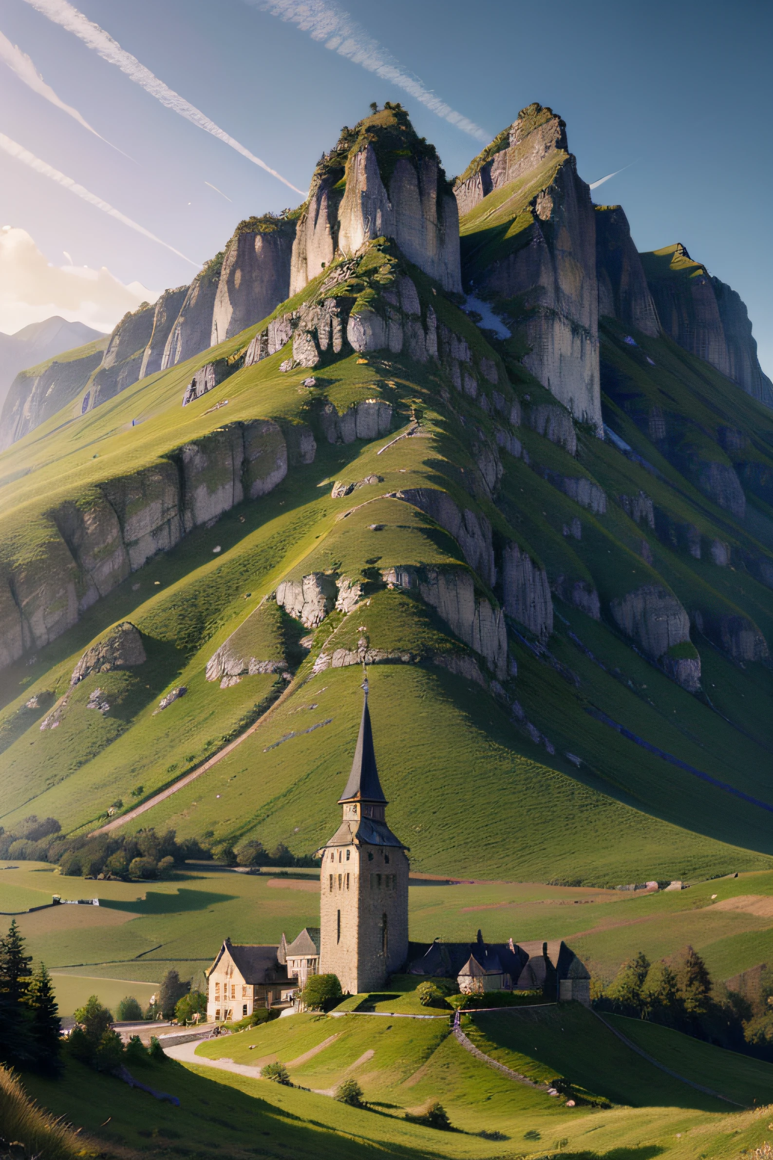 Highly detailed beautiful grassy landscape, mountain pass hamlet, fortified wall, (art by Clyde Caldwell:1.4), photorealistic, cinematic composition, elegant, beautiful, 8k resolution, high detail, small castles, intricate artwork masterpiece, ominous, matte painting movie poster, golden ratio, trending on cgsociety, intricate, epic, dungeons and dragons style, highly detailed