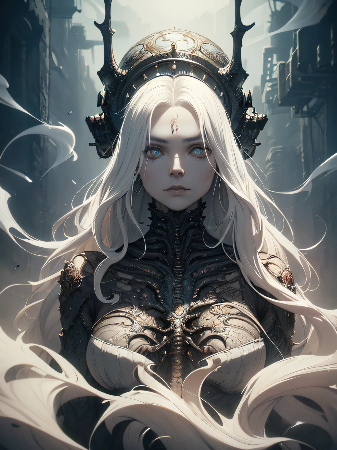 portrait, beautiful woman, white hair, ornate dress, (long hair in waves like smoke):0.85 , confident expression, detailed, 16k, sf, intricate artwork masterpiece, ominous, matte painting movie poster, golden ratio, trending on cgsociety, intricate, epic, trending on artstation, by artgerm, h. r. giger and beksinski, highly detailed, vibrant, production cinematic character render, ultra high quality model:1