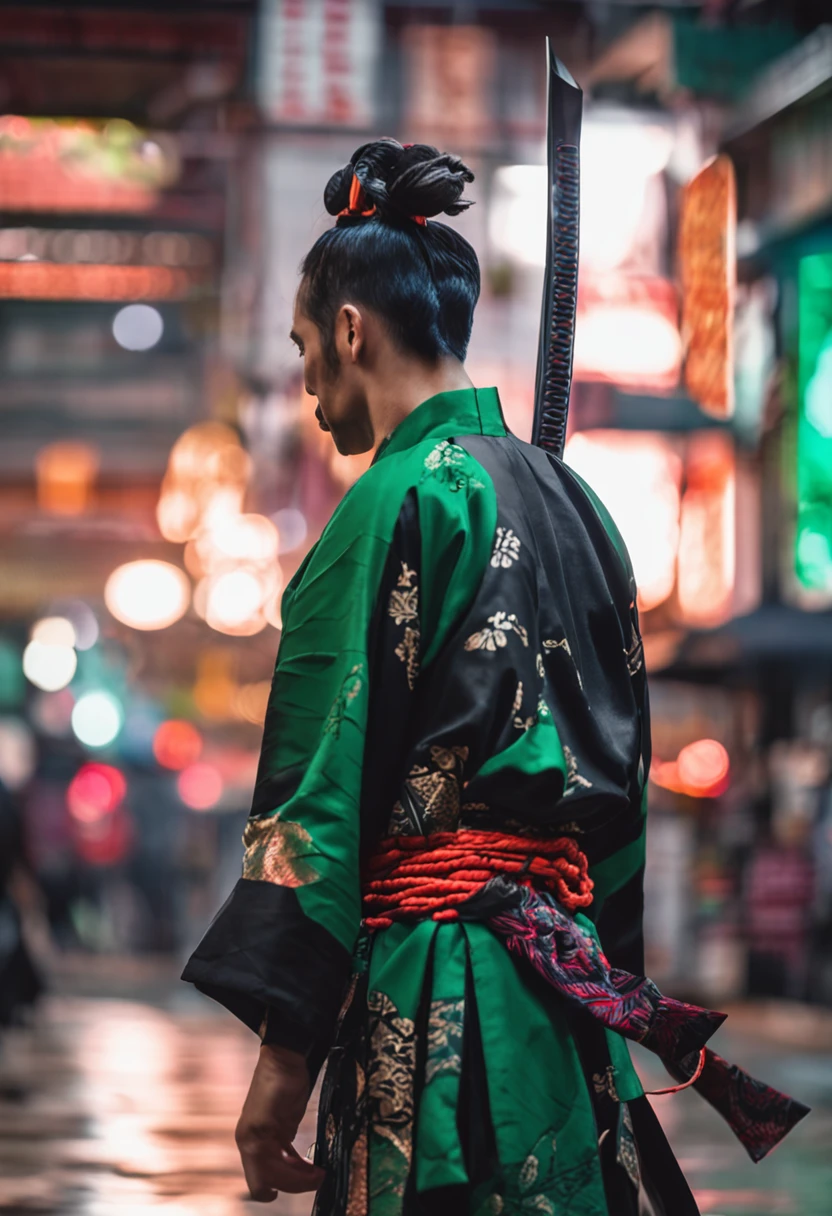 ronin com espadas, wearing a black and green black braid kimono