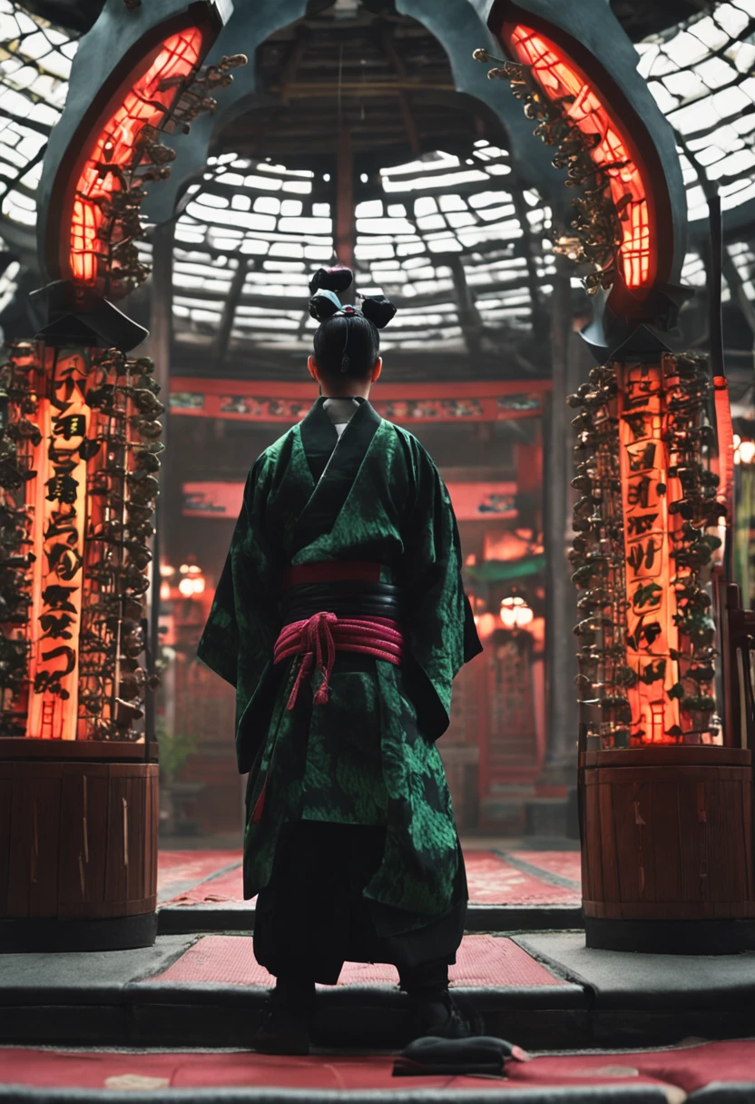 ronin com espadas, wearing a black and green black braid kimono