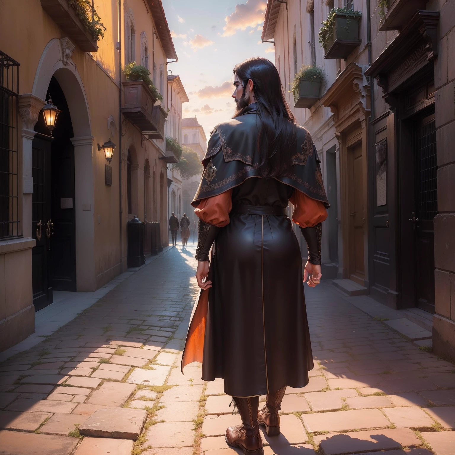 (master part, high resolution, oil painting, estilo realista por Greg Rutkowski:1.4), The Apostle Peddro, (vestes imperiais:1.3), looking back at the ancient city of Rome, Deixando sozinho, trail lined with marble statues, Late sunset, (sky full of fiery shades of reds and oranges:1.2), silhuetas da arquitetura grandiosa, (shadows cast long over cobblestones:1.2), 5th century setting, sombrio, whole body view.