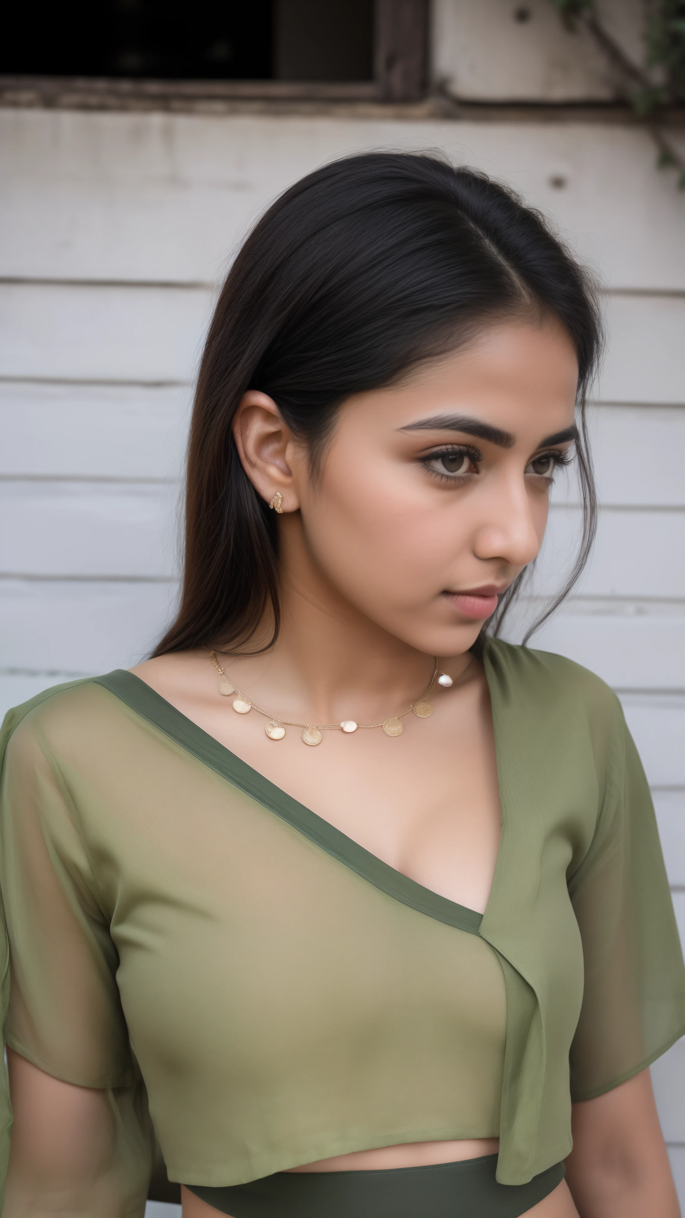 ((RAW, og style)), face, extremely detailed full body color photo of a 25 y.o girl, beautiful face, beautiful eyes, ((small nose)), big natural lips, ((fabric crop top)), small breaim body, outdoor, trees, ((film grain, skin details, high detailed skin texture, 8k hdr, dslr)), indian female model divya bharti