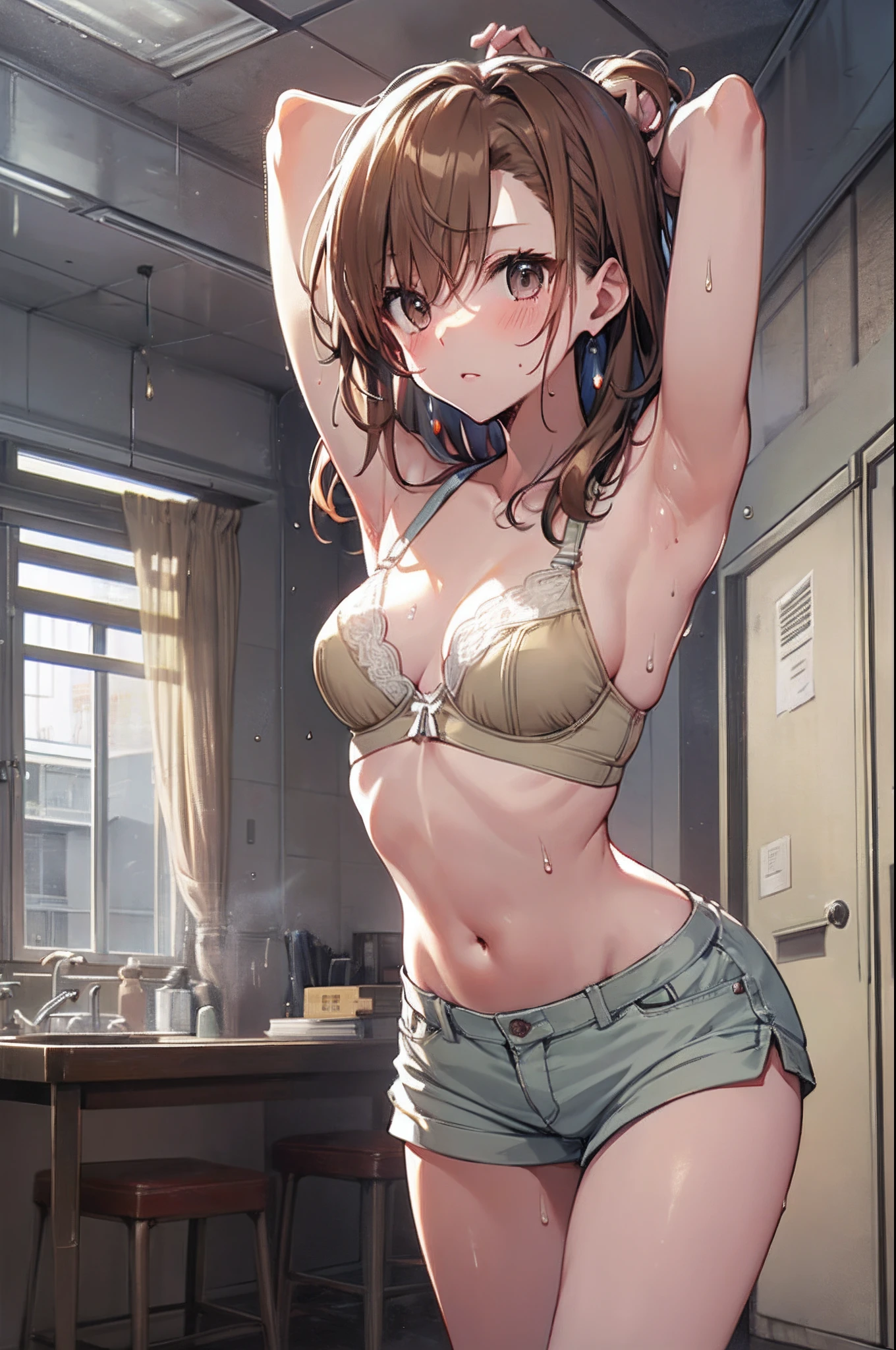 top-quality Misaka Mikoto School Bra Beige shorts Cool look small tits 16age in the room sexypose Miwaki Armpit sweat sodden Ecstasy face