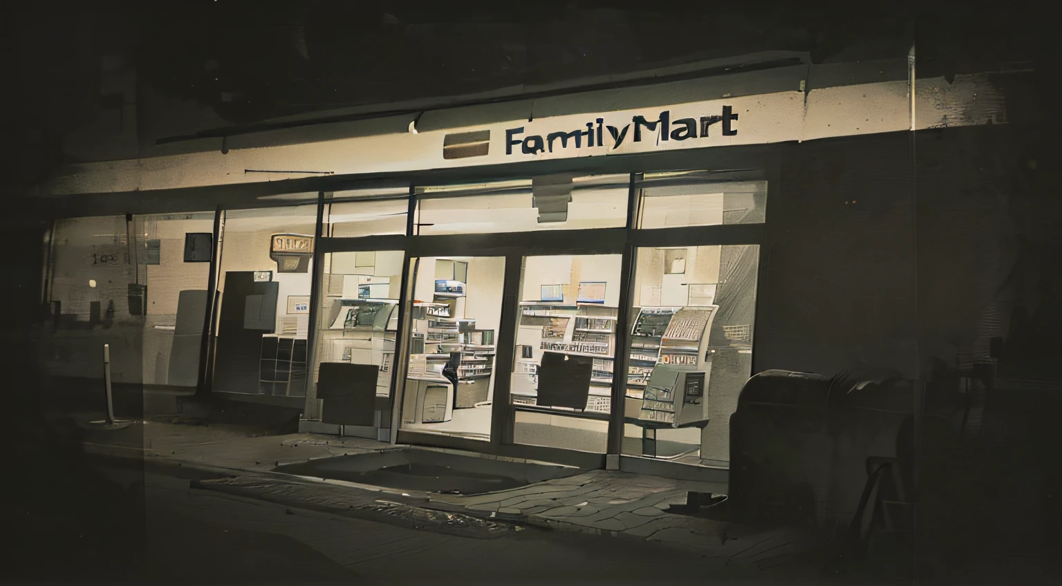 There is a storefront with a sign that says FamilyMart, by Kiyoshi Yamashita, Monochromelogy, storefront, Shot on expired Instamatic film, Future!!, by Hiroyuki Tajima, Store, photo taken at night, Holga 120n, convenience store, by Yokoyama Taikan, Grainy vintage