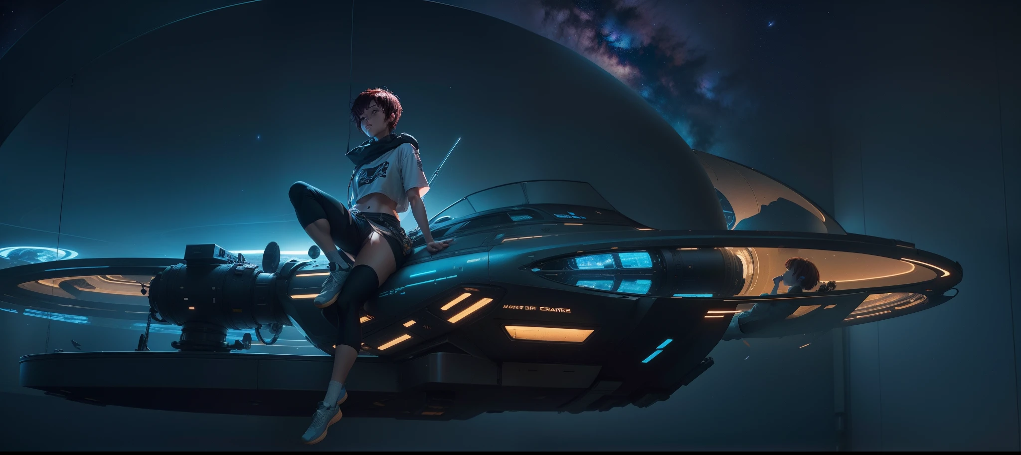 One beautiful and board girl enjoying a rest in a 30 meter space pod , perfect long slim legs, no light glare, wearing shorts up to her waist, perfect anatomy, profile medium shot, inside an escape pod, short pixie cut brown-red hair, Caucasian, holding a game controller, one leg and socked foot propped up against the main view controller, in a very large spaceship escape pod of 30 meters in diameter, she is wearing casual space appropriate clothing, shorts pulled up to waist, mini gym shorts, a printed tee shirt that reads "Hardly Working", and comfy oversized socks, there is a faint blue Saturn-like planet in the evening sky, all the stars are out in the purple orange alien sky, wind chimes, dried seed pods, dry flowers hang from the ceiling, photorealism, hyperdetailed, in the sci-fi style of James Campbell