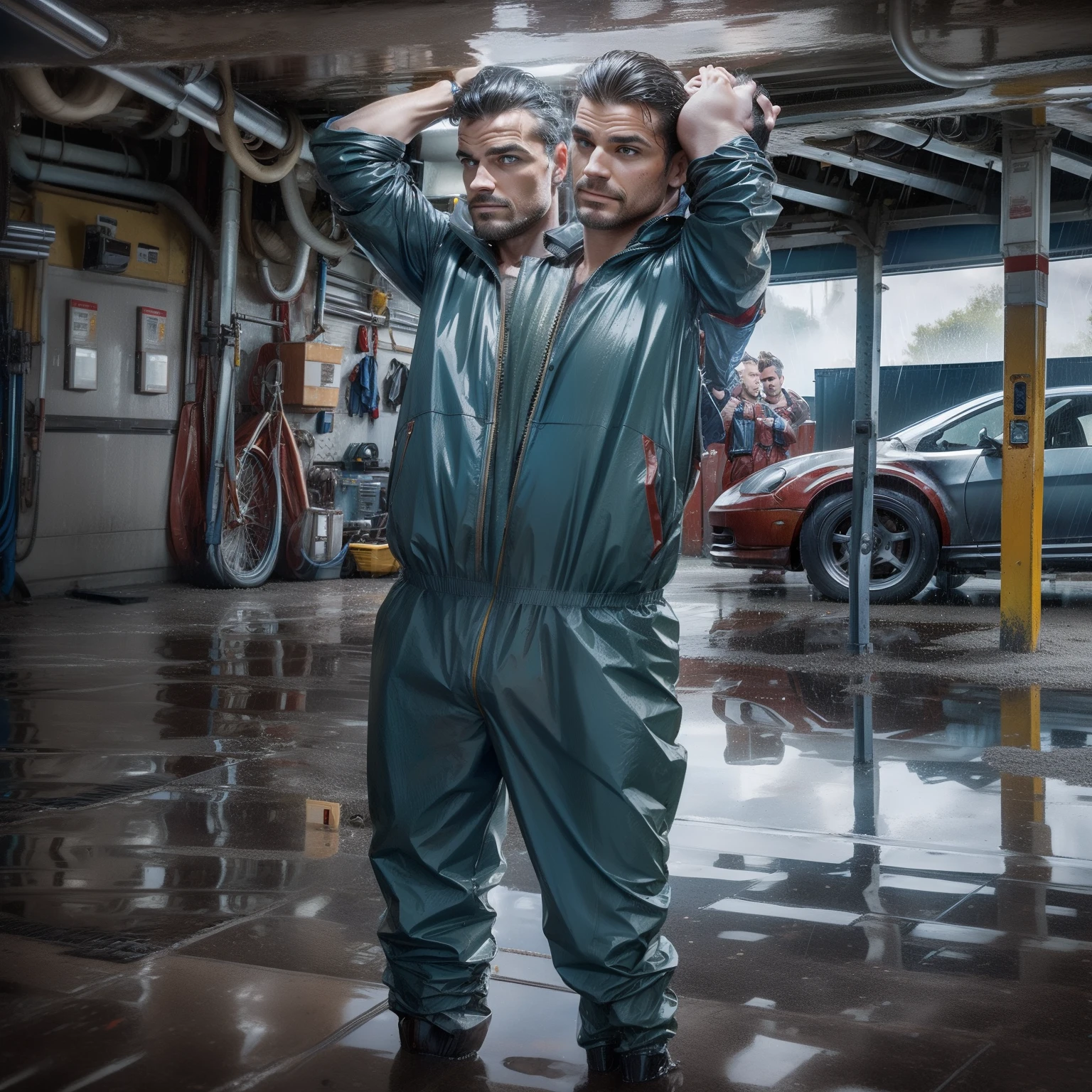 1man (((2heads))), full body, dressed as mechanics, at a car garage, looking into the distance, very rainy, wet skin,wet hair,wet clothes, puddles, realistic, beautiful face, no facial hair