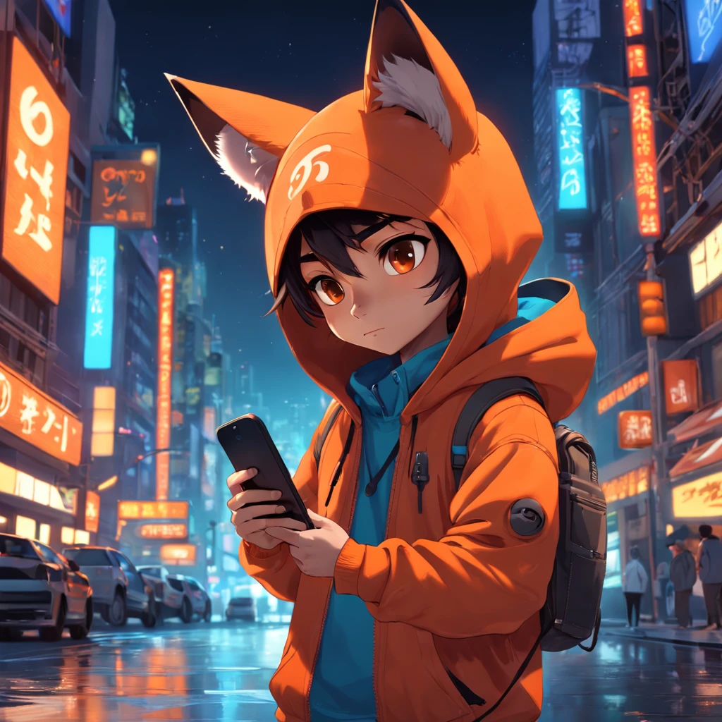 Pixar movie-style 20s adorable fox, wearing a hood, depth sensing, hyper detailed, 8k quality. male, best quality, human-like body figure), looking at viewer in dark orange sweatshirt and sunglasses holding mobile phone, with neon headset, fox, avatar image, with futuristic outfit, CGSetnation ), like , art professional, CGsociety - W 1 0 2 4 - N 8 - I,The name is Kan, his name is Kan