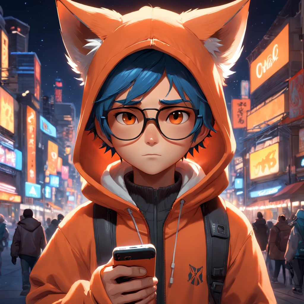 Pixar movie-style 20s adorable fox, wearing a hood, depth sensing, hyper detailed, 8k quality. male, best quality, human-like body figure), looking at viewer in dark orange sweatshirt and sunglasses holding mobile phone, with neon headset, fox, avatar image, with futuristic outfit, CGSetnation ), like , art professional, CGsociety - W 1 0 2 4 - N 8 - I,The name is Kan, his name is Kan