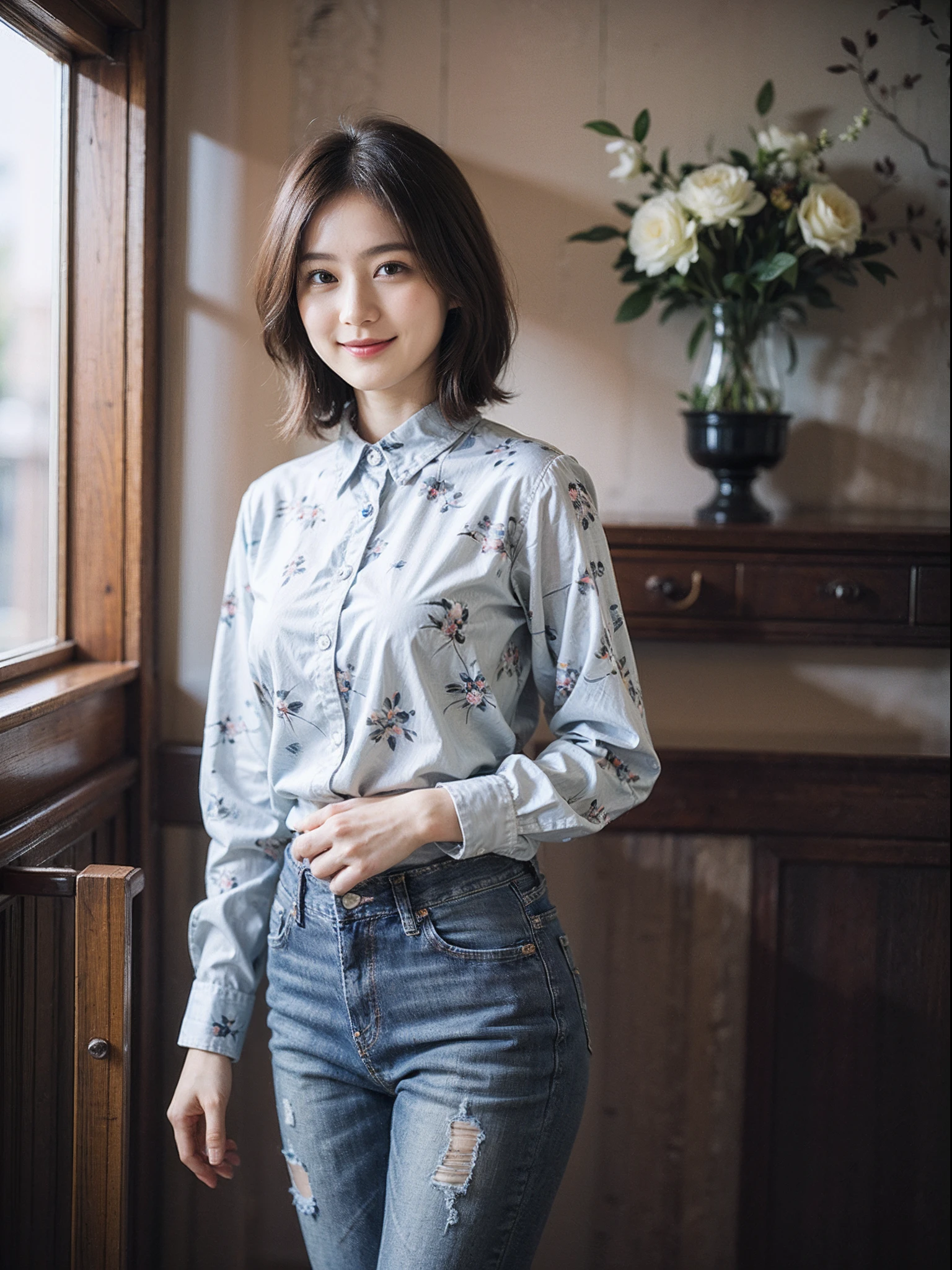 (Masterpiece)、((High-quality photos))、ultra-detailliert、((1beautiful woman))、((Jeans - Wear jeans))、((Long sleeve shirt with floral pattern))、((Black Shorthair))、((A slight smil)))、((breast))、paprika