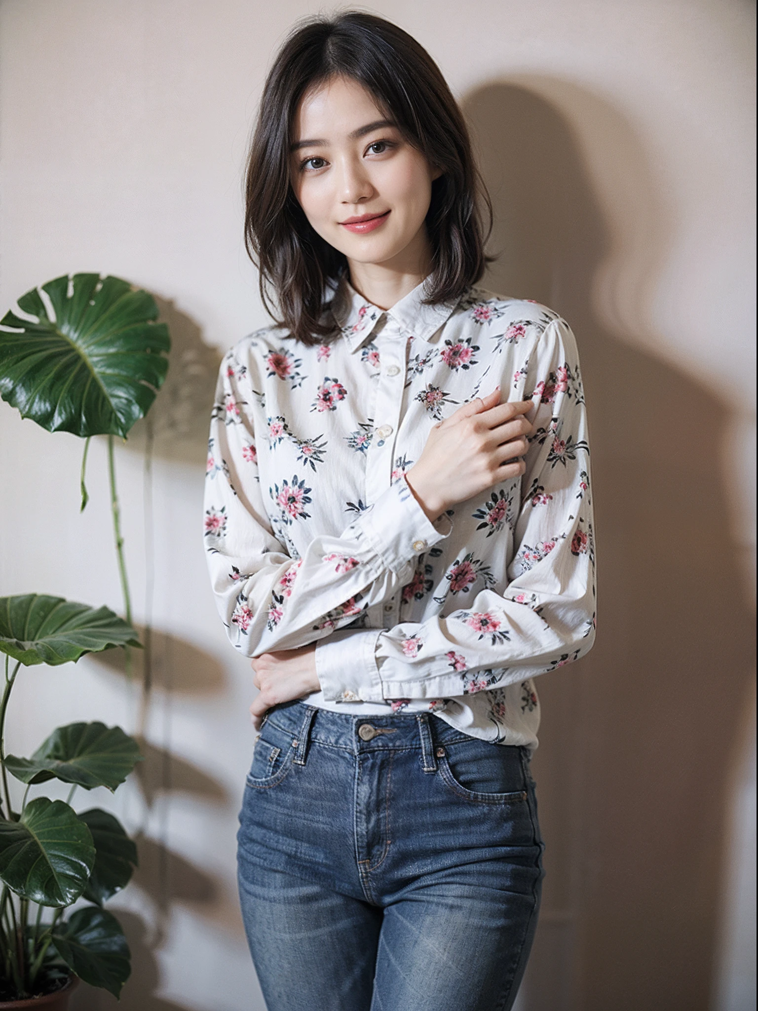 (Masterpiece)、((High-quality photos))、ultra-detailliert、((1beautiful woman))、((Jeans - Wear jeans))、((Long sleeve shirt with floral pattern))、((Black Shorthair))、((A slight smil)))、((breast))、paprika