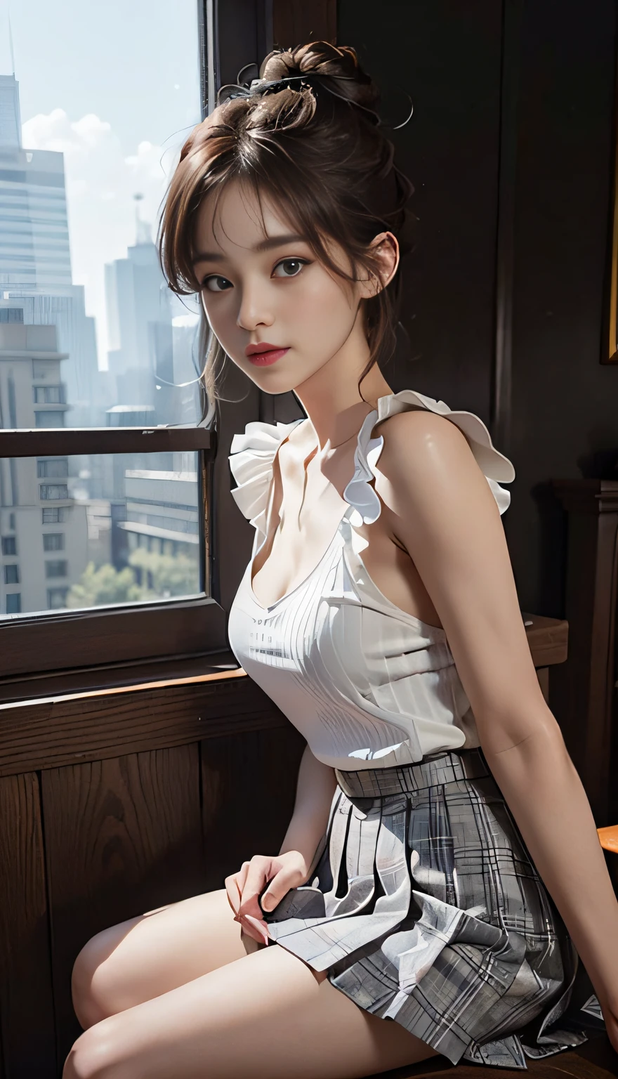 (RAW photography、top-quality)、(hentail realism、Photorealsitic:1.3)、top-quality、tmasterpiece、Extremely Delicately Beautiful、A highly detailed、NFFSW、A sense of unity、2k wallpaper、magnifica、Beautiful face in every detail、tmasterpiece、Light smile、top-quality、Highly detailed ticker Unity 8k wallpaper、hugefilesize、ultra - detailed、A high resolution、The is very detailed、Female 1 Person、Slim body、D-cups、(White suspenders:0.7)、(JK pleated skirt:1.2)、(Bun hair)、(A brown-haired)、Look at the front、Sharp focus、facial closeups、PureErosFace_V1:0.8 Short hair