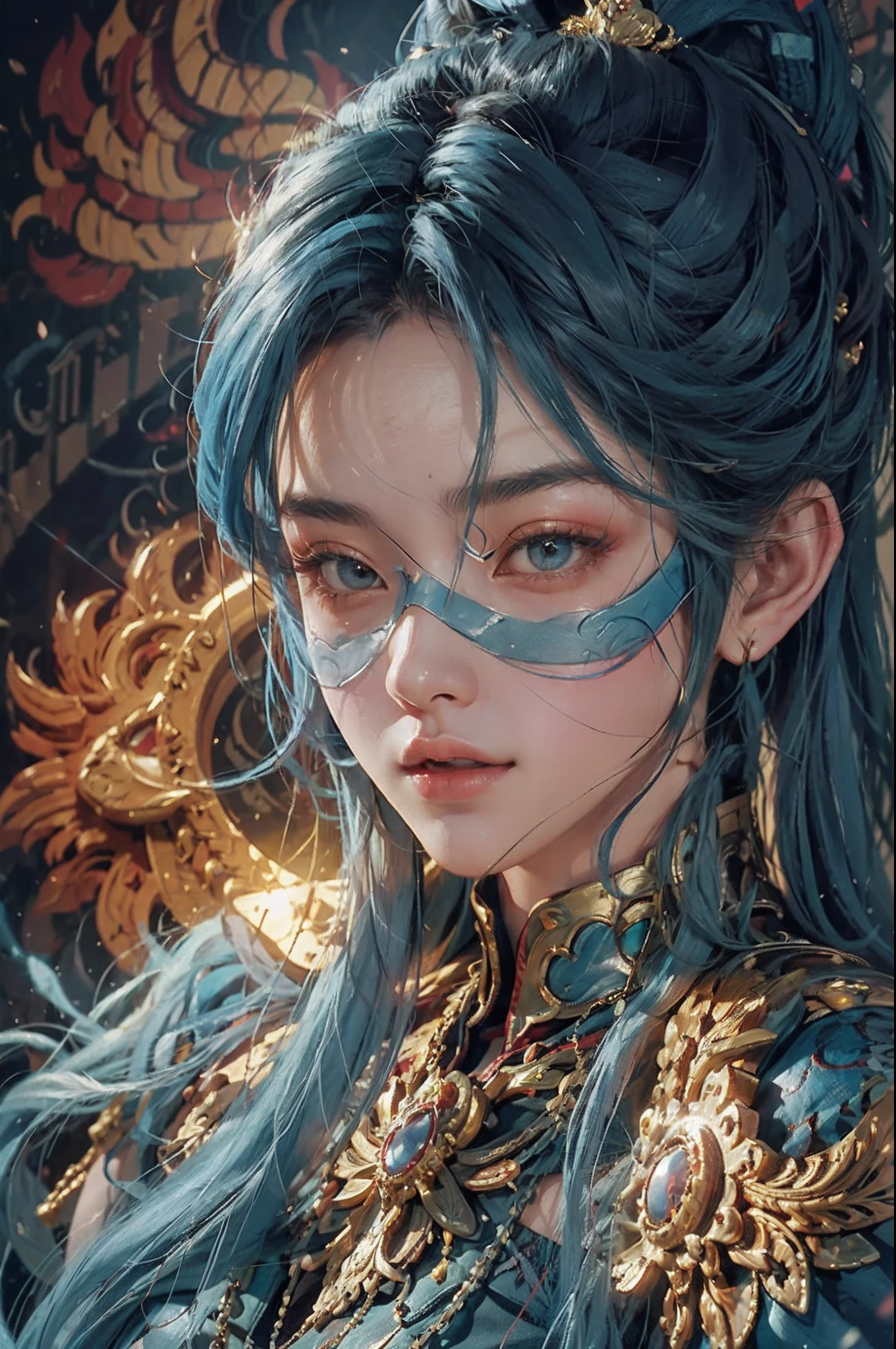 /a lovely girl  ,long blue hair,superhero,with mask,flying  in the amazing Place,Style marvel ,Portrait,intricate  details, perfect lights,  cinematography  atmosphere. --auto --s2