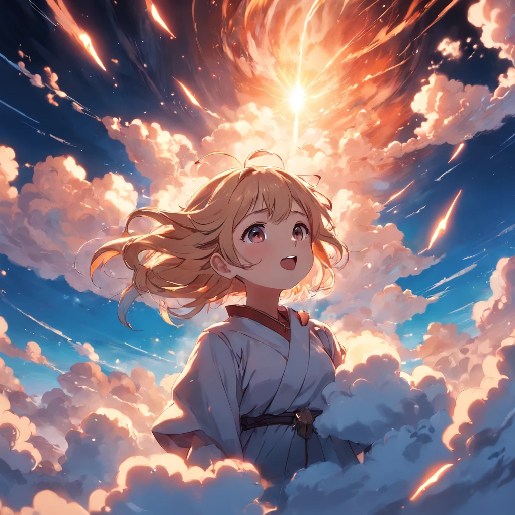 masterpiece, best quality, movie still, 1girl, cloud girl, floating in the sky, close-up, bright, happy, warm soft lighting, sunset, (sparks:0.7)