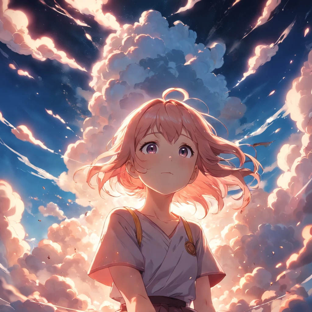 masterpiece, best quality, movie still, 1girl, cloud girl, floating in the sky, close-up, bright, happy, warm soft lighting, sunset, (sparks:0.7)
