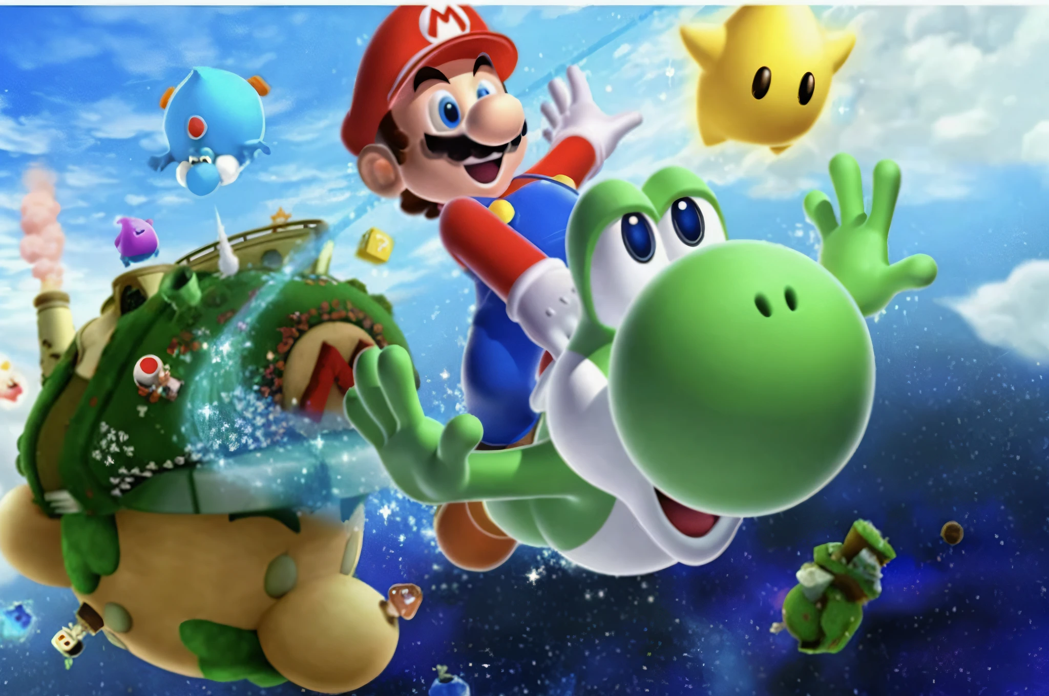 Close-up of the Nintendo Wii game,Mario and Luigi flew overhead, mario world, nintendo game art, Super Mario theme, inspired by Mario Comensoli, mario clouds, inspired by Mario Cooper, "Mario" theme, inspired by Mario Dubsky, mushroom kingdom, fan artwork of mario, Super Mario 64, Super Mario 6 4, mario