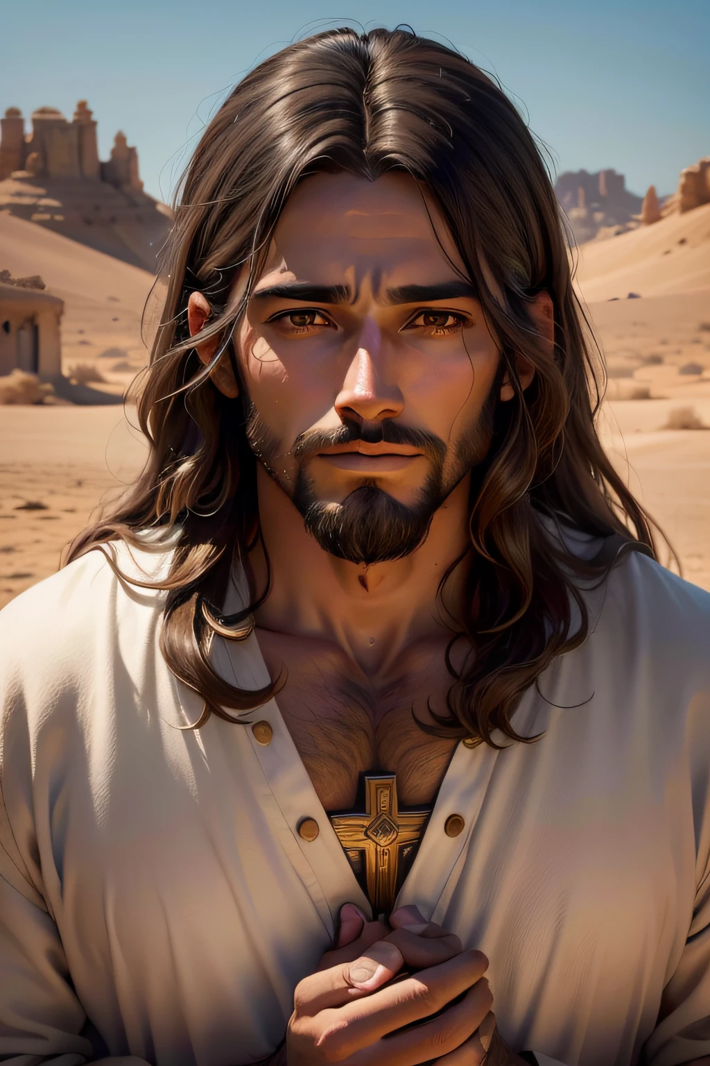 create a high-definition image of Jesus Christ, homem de trinta anos, Cabelos escuros, clothes from the biblical time of Jesus, no deserto, Biblical time, with hands in a position to bless, que representa a paz, compassion and serenity. A imagem deve parecer realista, with soft strokes and soft colors. Jesus deve estar em um ambiente brilhante, cercado por uma suave aura de luz. Pay attention to facial details, like compassionate eyes and a serene expression. Make sure the image conveys a sense of transcendence and spirituality.