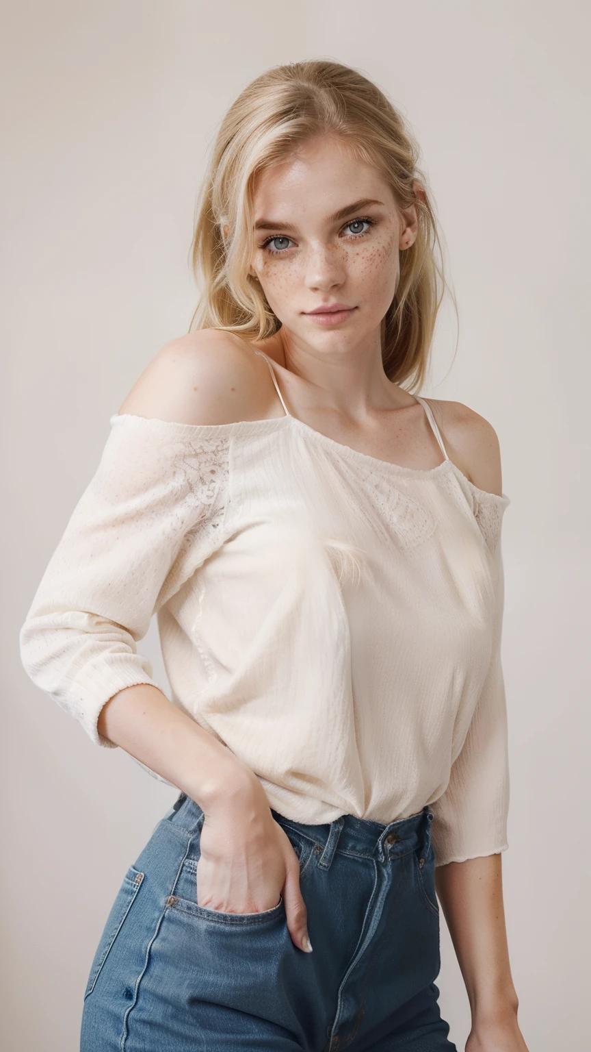 Rosto de uma mulher, americana, 25 anos, pale skin and freckles, olhos cinzas, nariz delicado, soft and delicate lips, cabelo blondie cinza ponytail
