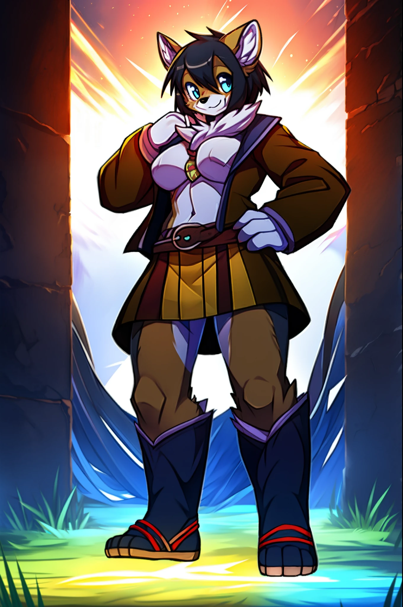 bear, aura, edgy, thunder sunlight, light, tribal cloths, wizard, , standing, full body, tall female,medium breast,kemonomimi, tomboy, short hair, vest,pullover, full body flipflops,smile