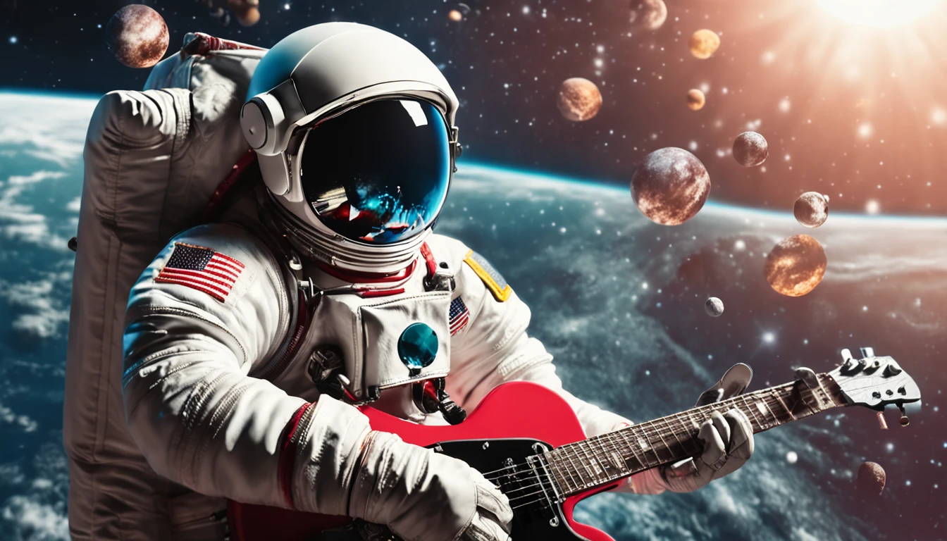 (Detailed description) Astronaut in sunglasses playing an electric guitar of model Les Paul