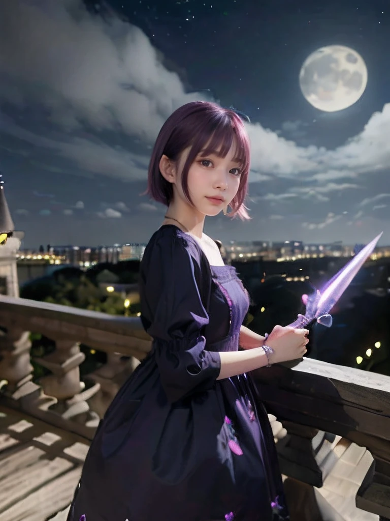 8K、detaileds、Vivid、A detailed face、 girl、kawaii、short in stature、Young Face、Inappropriate smile、purple color  hair、Dress style clothes、(Bracelet on right wrist)、Holding a dagger in your hand、Castles、a dark night、Moonlight shines、2.5 dimensions、Anime style